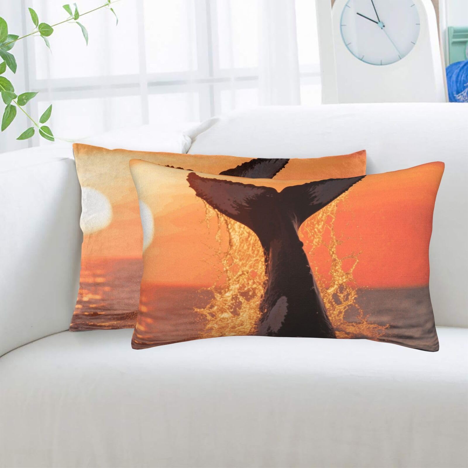 2 Pack Standard Pillowcases Sets, Ultra Soft Comfort Microfiber Plush Pillow Cases Sunset Humpback Whale Decorative Throw Pillow Cover with Hidden Zipper for Bedroom, Sofa, Couch,14"X20"