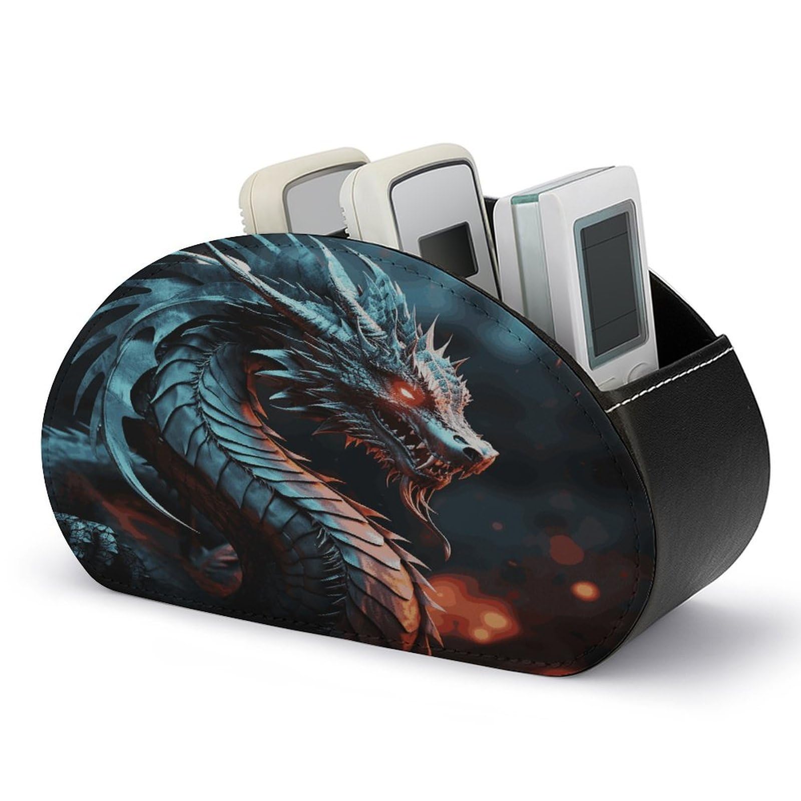 LZQPOEAS Dragon Remote Control Holder with 5 Compartments PU Leather Remote Organizer Box Caddy for Table Nightstand Remote Caddy Desktop Organizer Fits Media Controllers