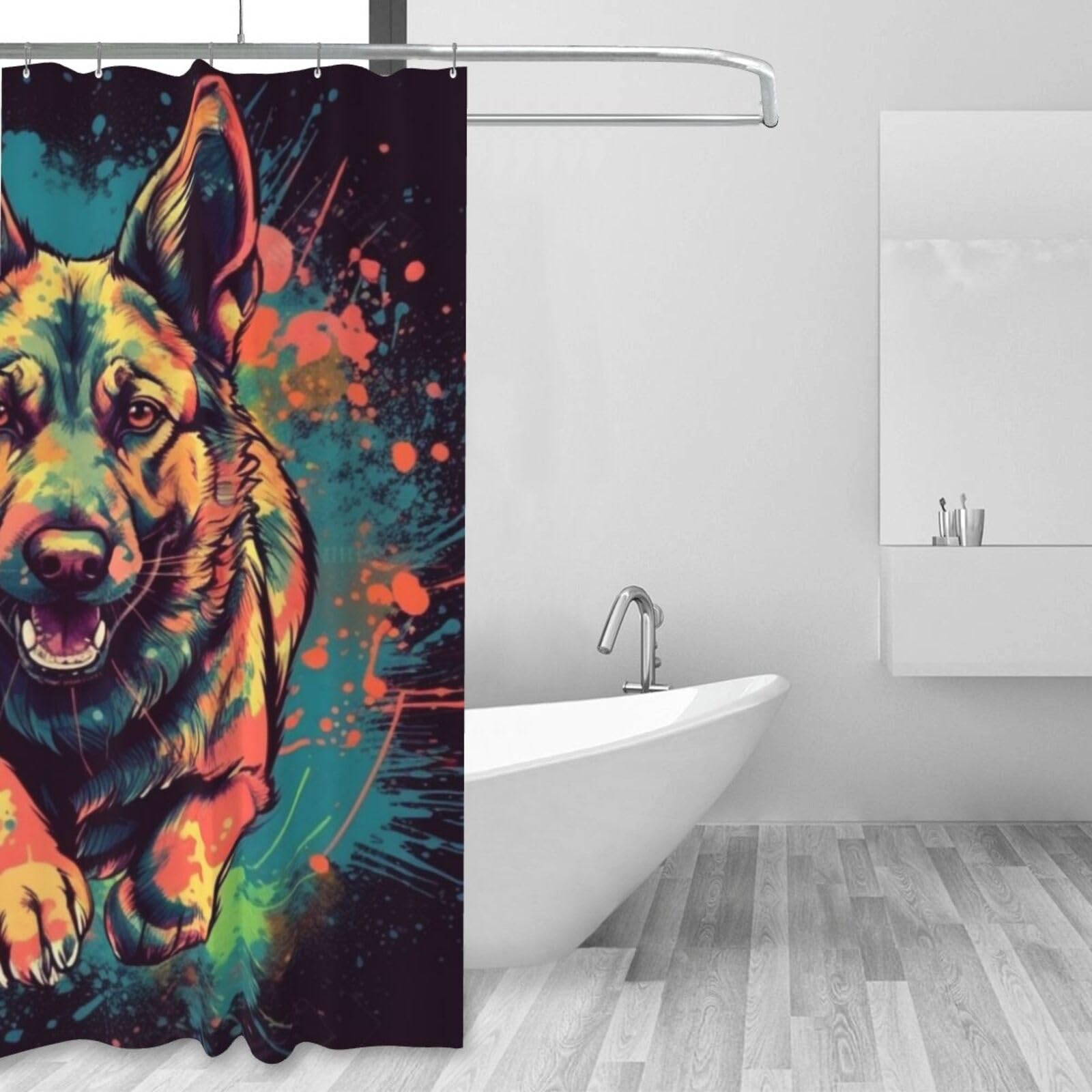 Germshepherd - Cortina de ducha con estampado de correr de 152 x 183 cm, cortina de ducha de tela de poliéster impermeable, decoración de bañera con 12 ganchos, secado rápido, lavable