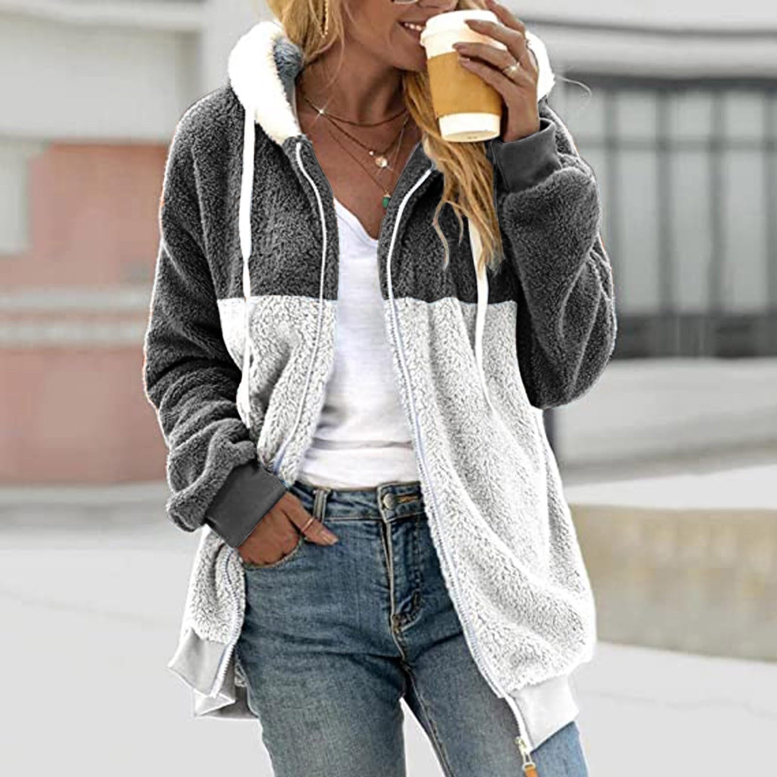 Generico Sudaderas Largas Algodón Mujer con Cremallera Sin Capucha - Top Blanco Mujer Elegante Oversize Hoodie Ligero Moda Térmica Felpa Suave con Bolsillos Cómodos Ropa Otoño Casa Al Aire Libre