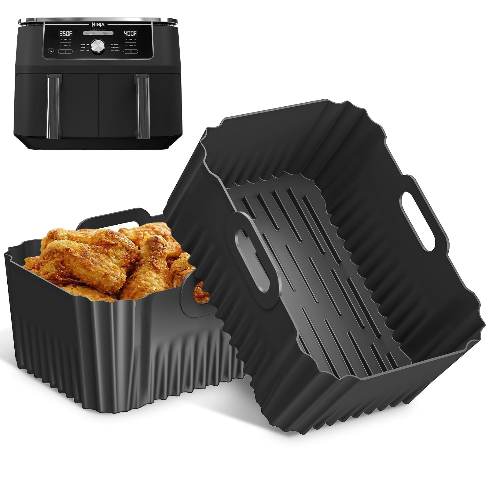 2PCS Silicone Air Fryer Liners, Reusable Silicone Liners for Ninja DZ401, DZ550, DZ302, Ninja Foodi Dual Air Fryer Accessories Baking Tray for 10 QT