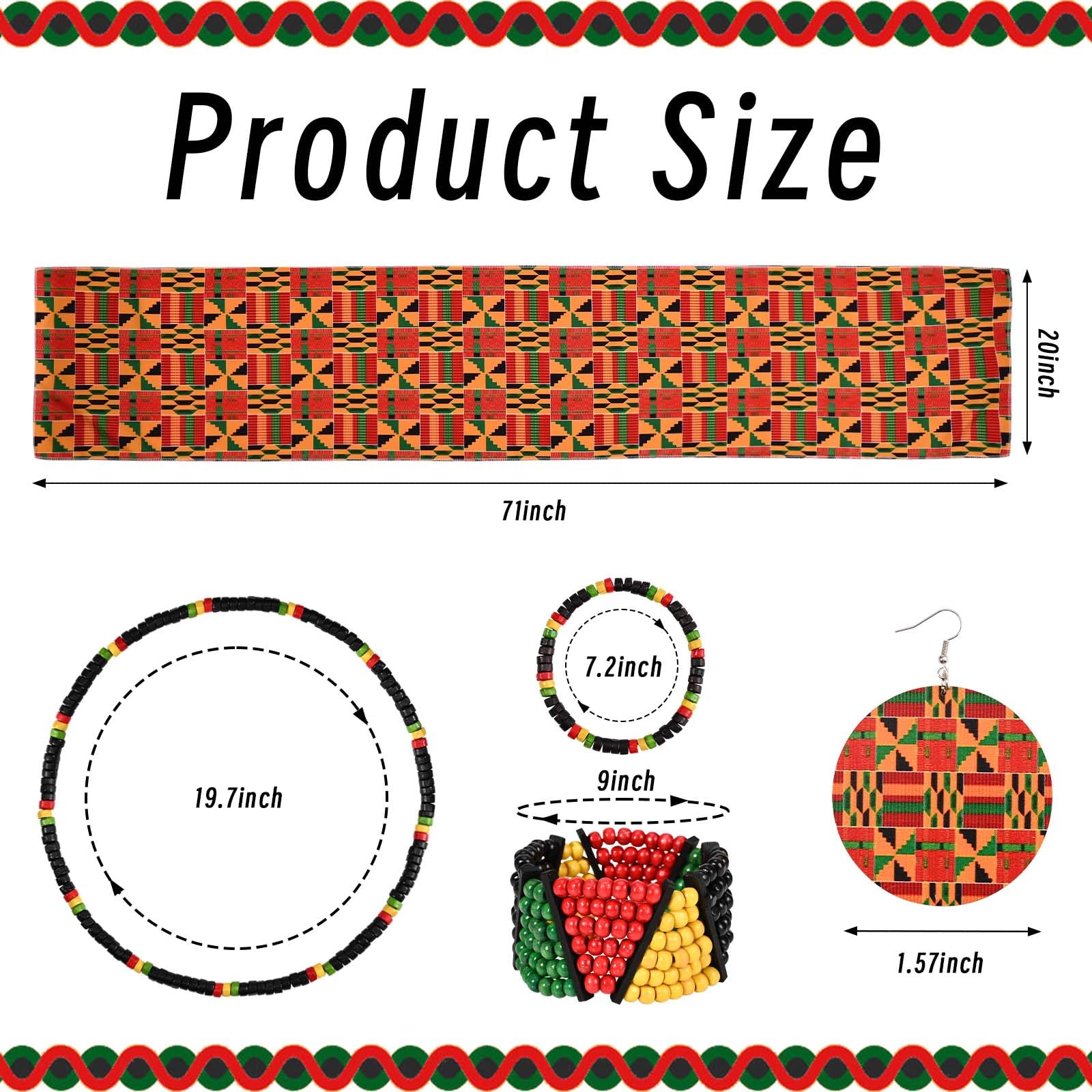 Kuscul 6 Pcs African Skirts for Women African Printed Maxi Skirt Dashiki Skirt with African Head Wrap Dangle Earring Necklace Rasta Beaded Bracelet(L)