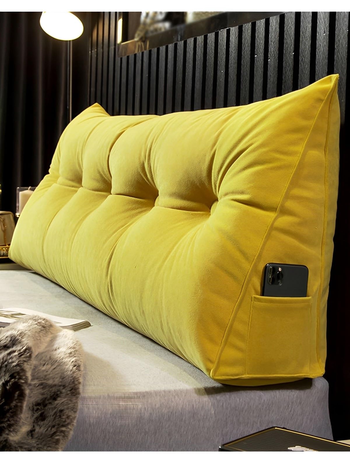 LUXUCURE Headboard Back Rest Cushion Support Pillow,Triangular Large Reading Pillow with Side Pocket,Lumbar Support Back Wedge Pillow for Bedroom Bed Bay Window Tatami Sofa,Yellow,180x50x20cm