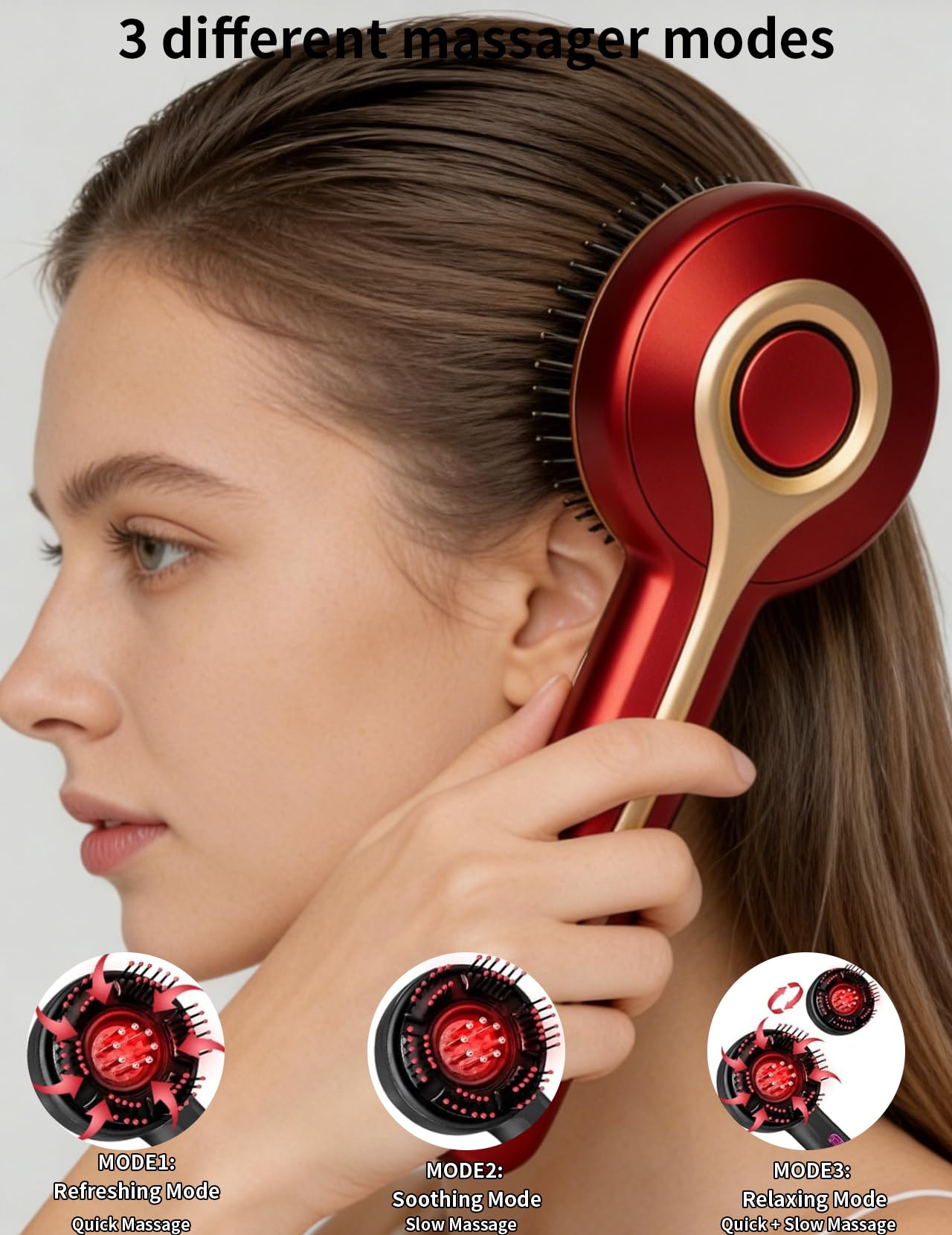 Kopfmassagegerät, 2 in 1 Kopfhaut Massagebürste Elektrisch mit Haaröl-Applikator, Rotlicht Kopfmassage Bürste Elektrisch, 3 Modi zur Massage und Kopfhautpflege (Rot)