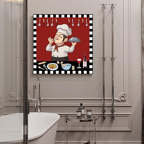 Miniatura 5 de Savannan Lienzo artístico, decoración de cocina, diseño de chef de dibujos animados, comida gourmet, vino, negro, cuadros rojos, cuadrados,