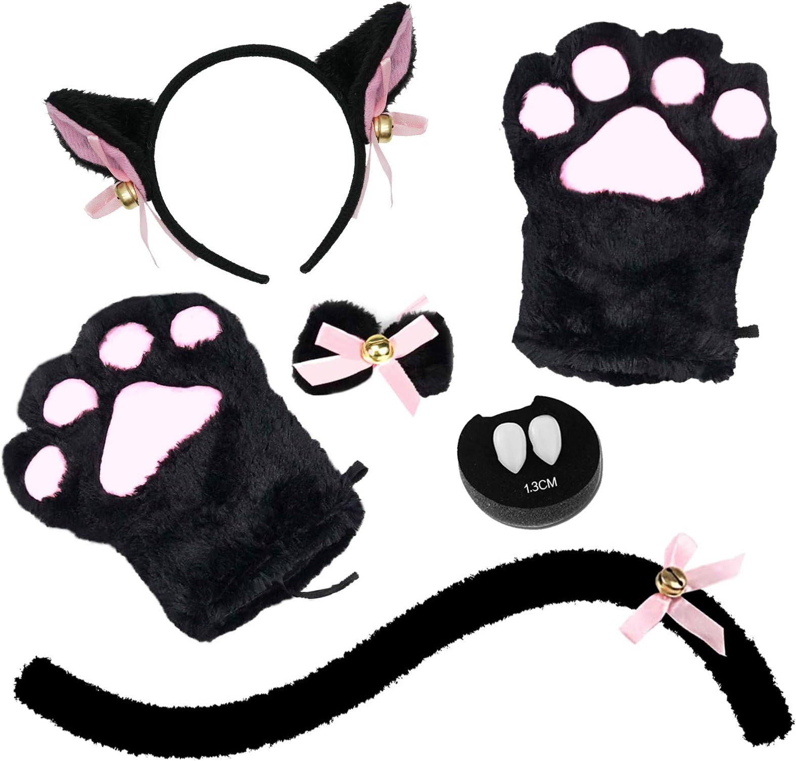 Abida Cat Cosplay Costume - 5 Pcs Cat Ear and Tail Set with Collar Paws Gloves and Vampire Teeth Fangs for Lolita Gothic Halloween-Black