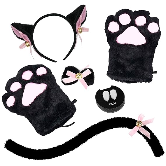 Abida Cat Cosplay Costume - 5 Pcs Set Cat Ear and Tail with Collar Paws Gloves and Vampire Teeth Fangs for Halloween