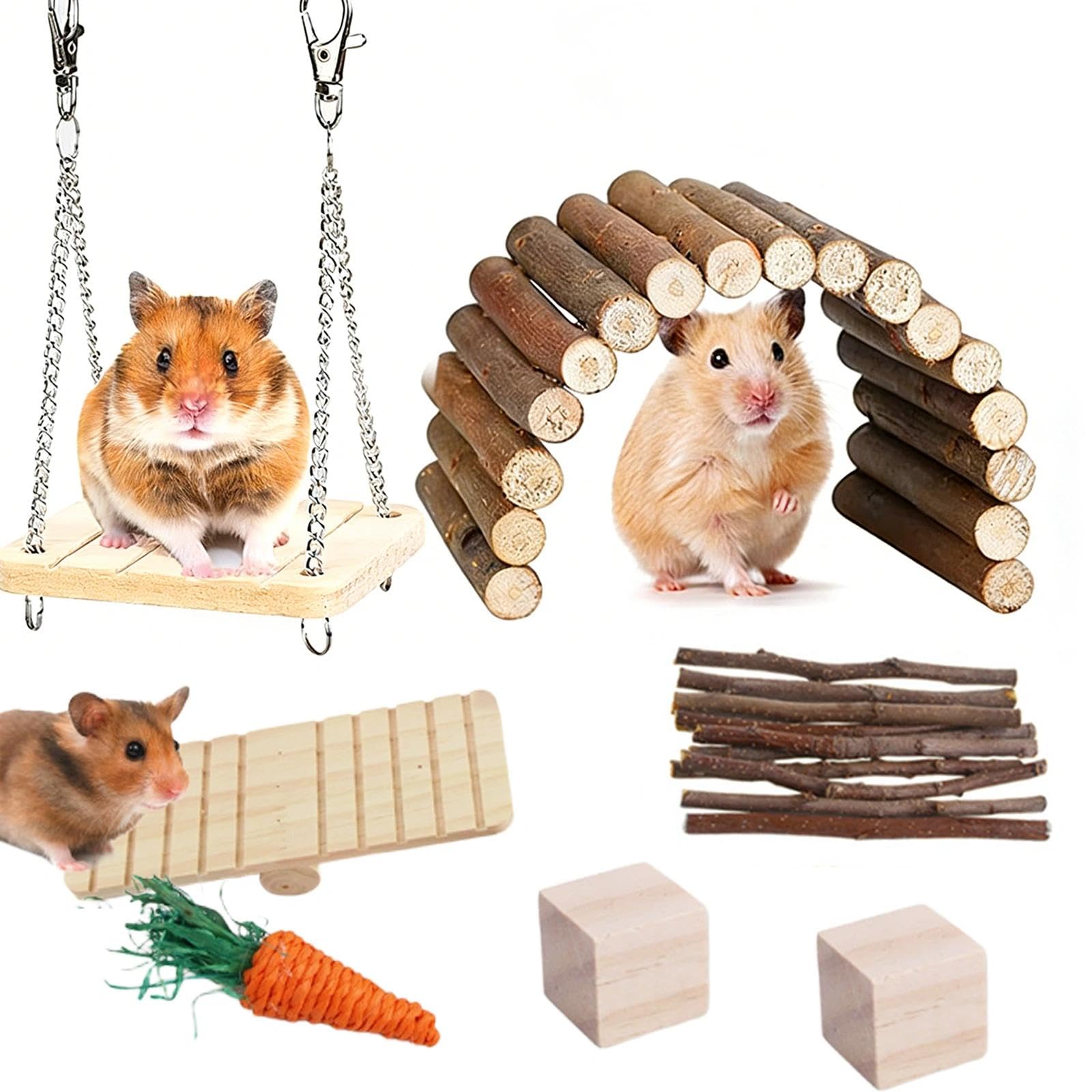 YANKOIUK 7PCS Hamster Toys, Hamster Chew Toys Set, Small Animal Wooden Toys