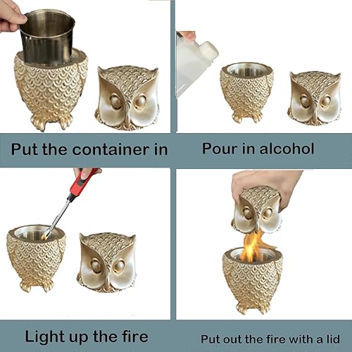 Miniatura 6 de Aobaks Pozo de fuego de mesa, chimenea de mesa, cuenco de mesa con forma de búho dorado, hoguera personal para uso en interiores y exteriores.