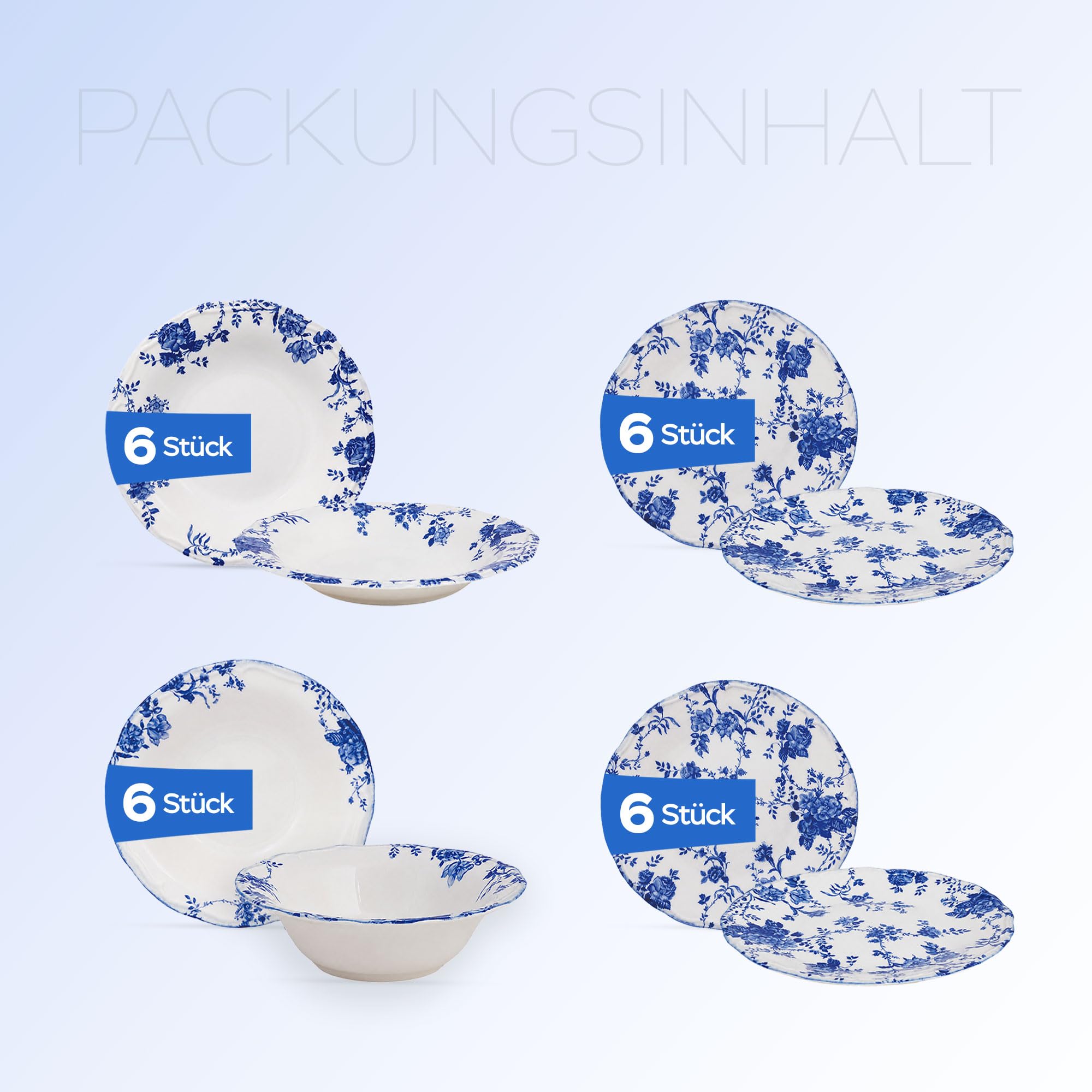 Nordic Schiller Tafelservice 24-teilig aus Porzellan für 6 Personen, Blau | 6 Speiseteller, 6 Suppenteller, 6 Dessertteller, 6 Kompottschalen, Modernes Geschirrset
