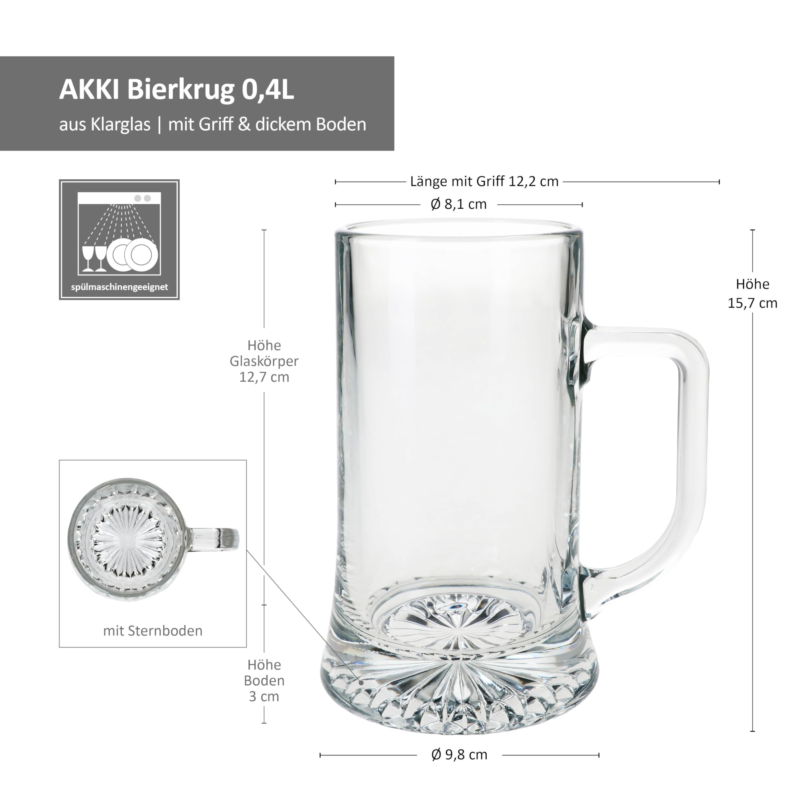 MamboCat Akki - Set di 12 boccali da birra da 0,4 l, altezza 15,7 cm, per 12 persone, in vetro con fondo a stella e manico, bicchieri da birra trasparenti da 400 ml, per feste