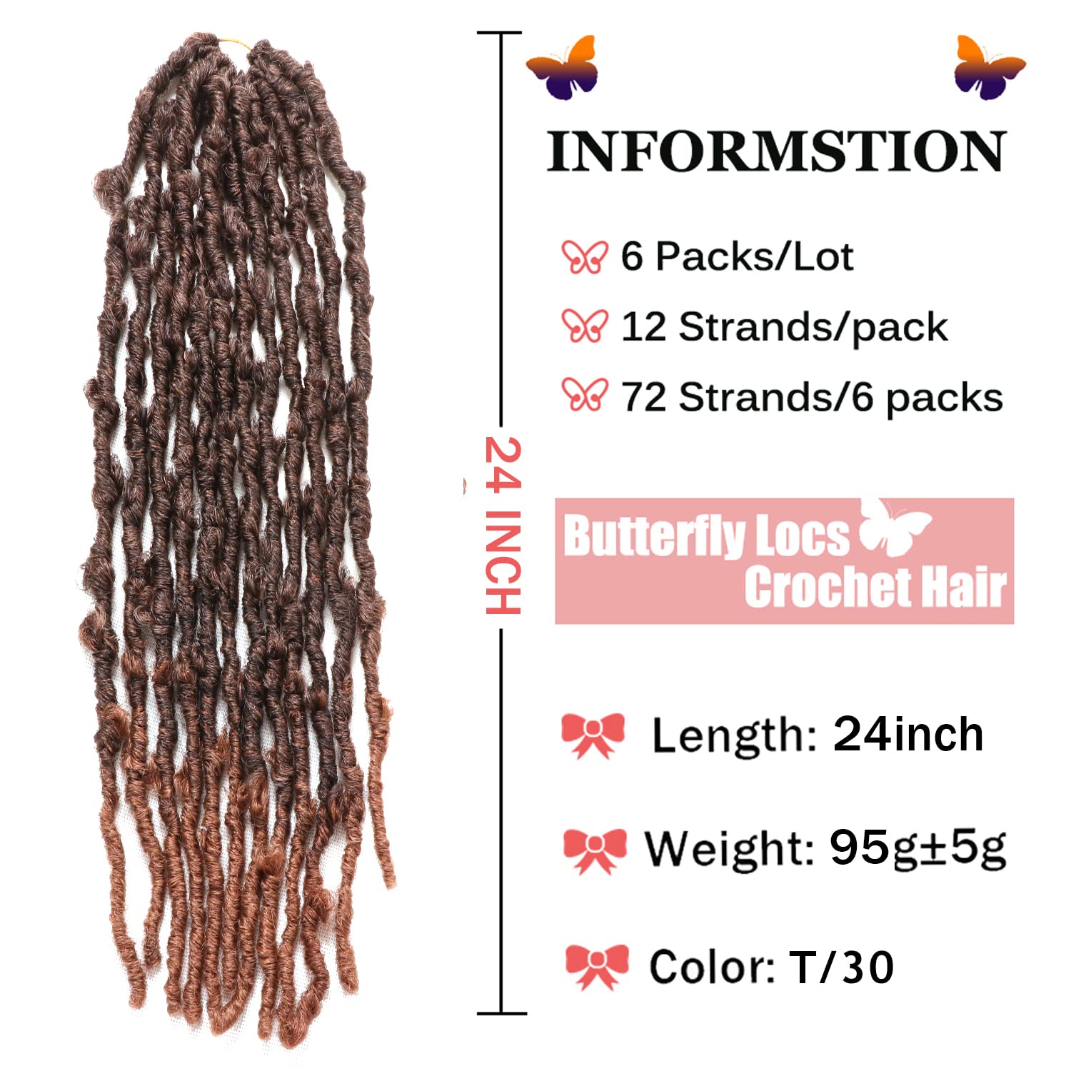 Butterfly Locs Crochet Hair 6 Packs Pre Looped Distressed Locs Crochet Braids Bob Butterfly Locs (T30, 24 Inch (6 Packs)) - Image 2