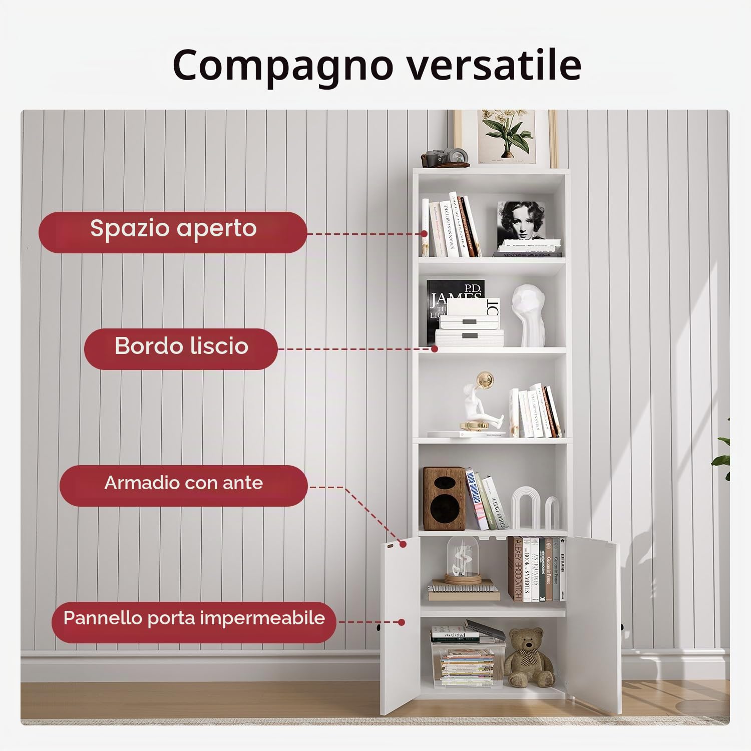 oneinmil Libreria Alta con Ante 6 Ripiani, Scaffale PortaLibri Moderno con Ante e Ripiani Aperti, Mobile Contenitore per Soggiorno, Ufficio, Camera da Letto, 55.5 x 23.5 x 181 cm, Bianco