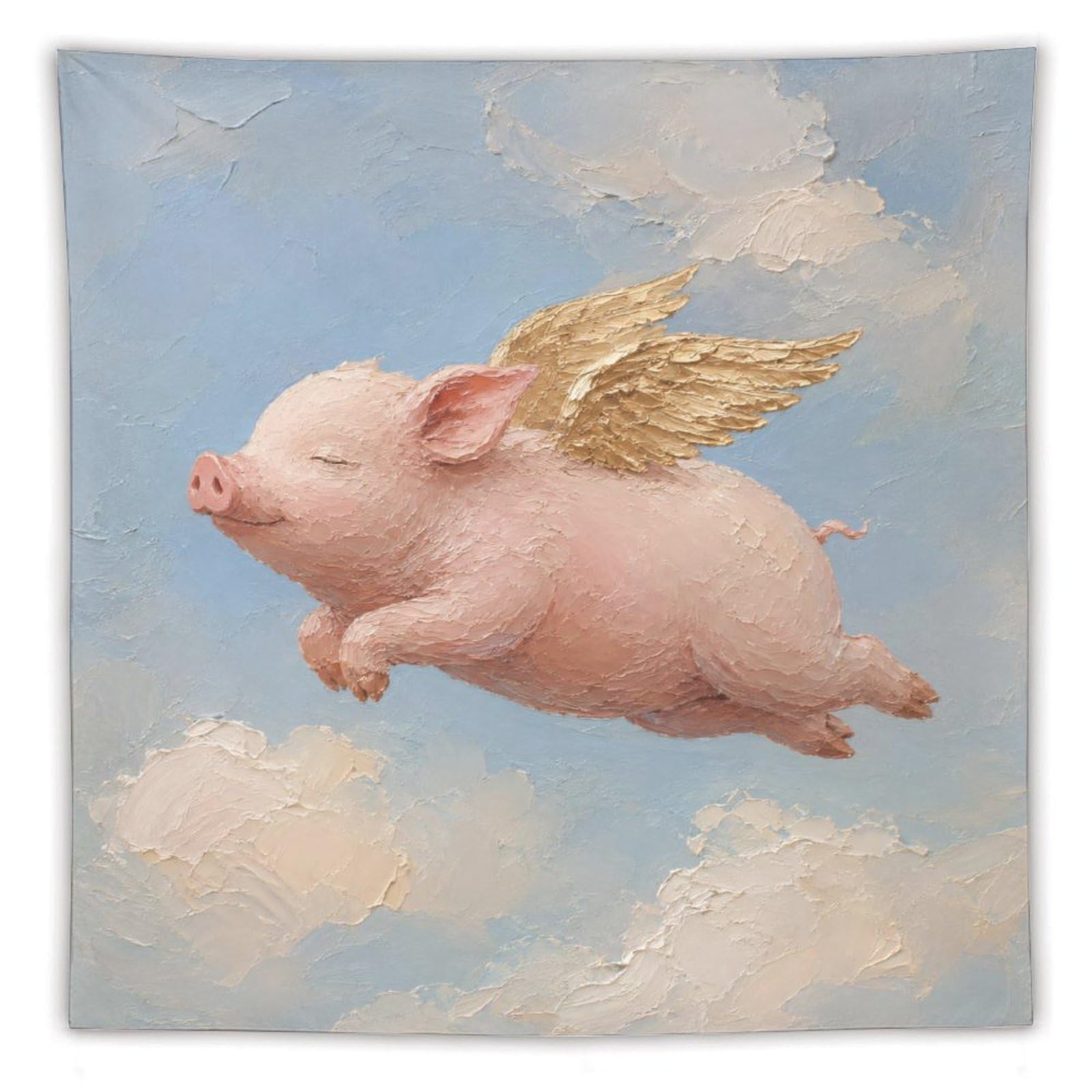 H3B8U2Y5 Flying Pig Golden Wings Wall Tapestry, Naive Art, Cloud Sky Flight
