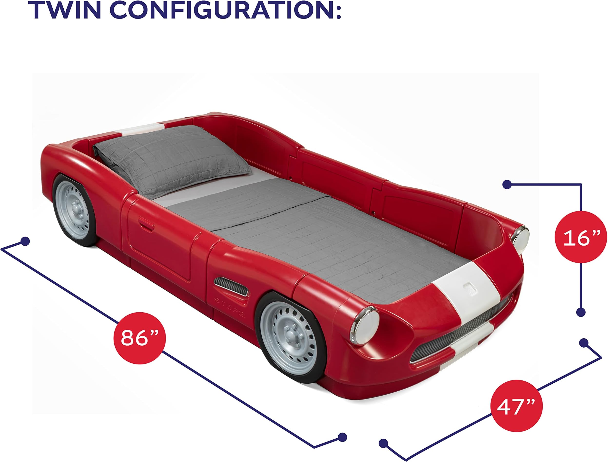 Step2 Roadster Toddler-to-Twin Bed, Crib to Twin Transition Race Car Bed, Adjustable, Ages 3+ Years Old, Easy Assembly, Red
