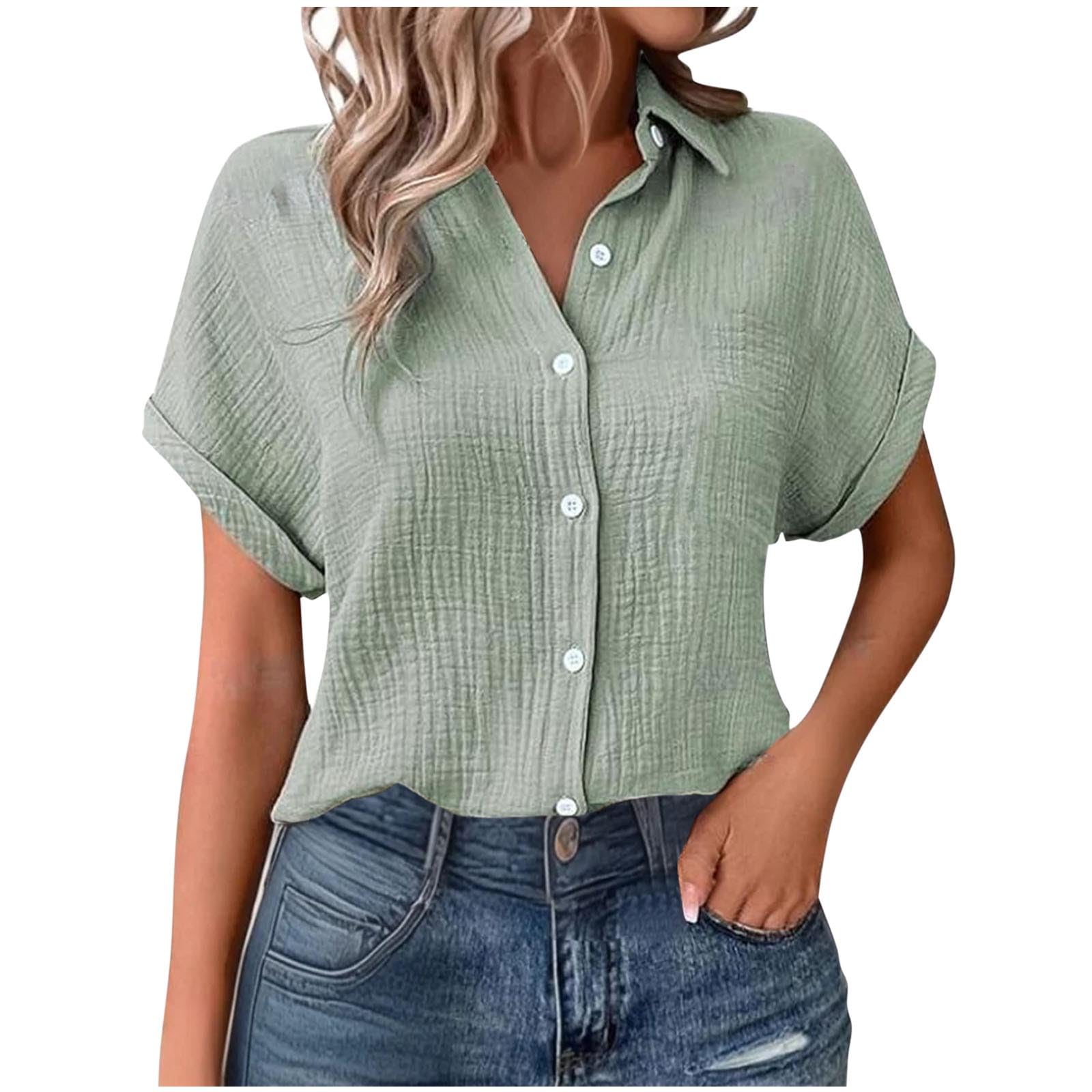 AEGJEGVD Musselin Damen Blusen Elegant Shirt Kurze Ärmel Bluse Mit Kragen Knopfleiste Formelle Arbeitskleidung Lässige Hemden Leinenbluse Flowy Locker Blusen Atmungsaktive Sonnenschutz Oberteil
