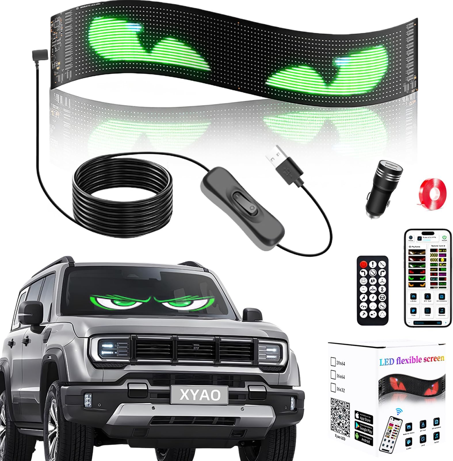 Programmable Devil Eyes Light for Windshield, 23.4"x4.7" Ultra-Thin Flexible LED Display with App & Remote, Custom Text, Animations & Graphics for Cars, Trucks, SUV, RV （1 PCS）