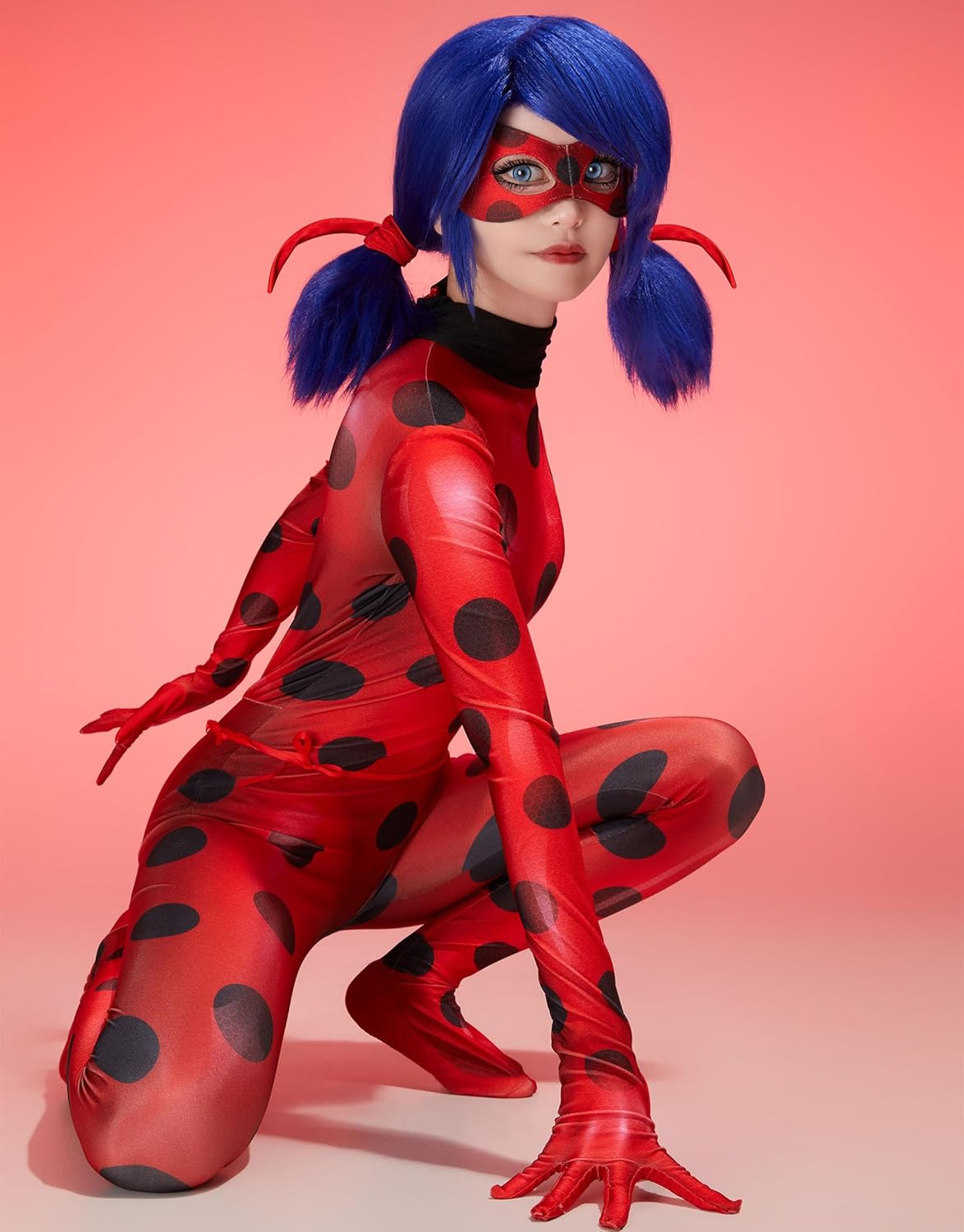 Micotaku Women Miraculous Ladybug Officially Licensed Cosplay Set 3D Digital Printing Jumpsuit with Eye Mask and Yoyo Bag