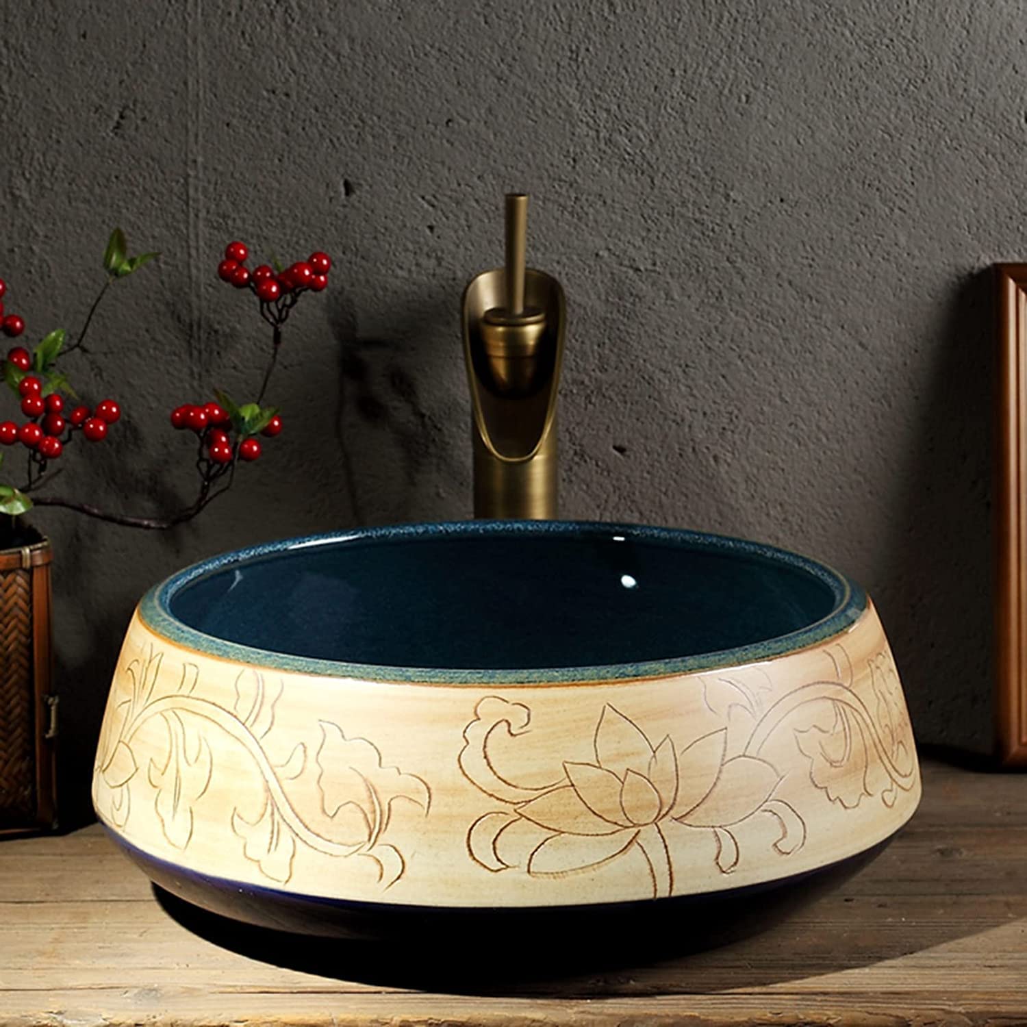 Ceramiczna Umywalka Łazienkowa, Ceramiczna Umywalka Nablatowa, Okrągła, Grawerowana Umywalka Łazienkowa, Artystyczna Umywalka Nablatowa 41 * 41 * 15 Cm, Minimalistyczna Umywal,Green Singlebasin
