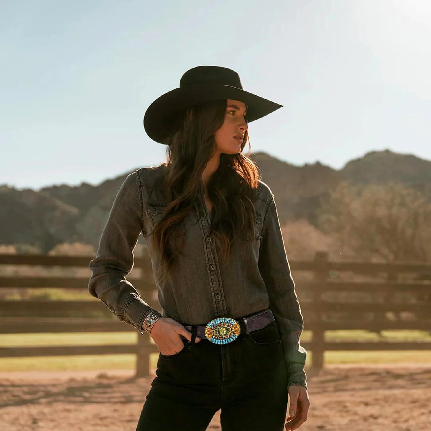 Western Cowboy Hat for Men Women Classic Roll Up Fedora Hat with Buckle Belt(Size:S-M) Black - Square Small-Medium