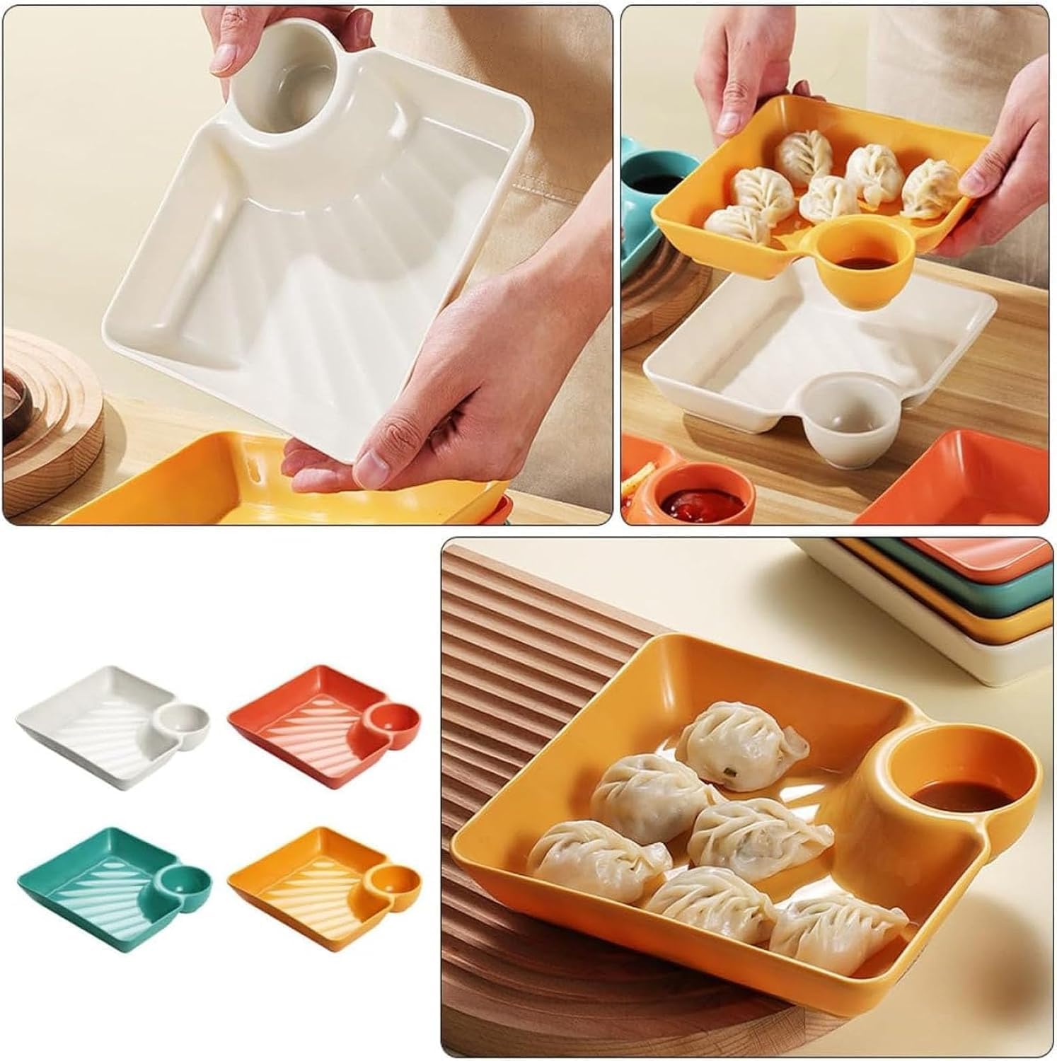 Sauce Separated Plate, Japanese Dumpling Plate With Sauce Dish, Chip And Dip Reusable Divided Serving Platter Set, Plastic Dumpling Plates With Sauce Compartment For Sushi Taco Appetizer (6*Yellow)