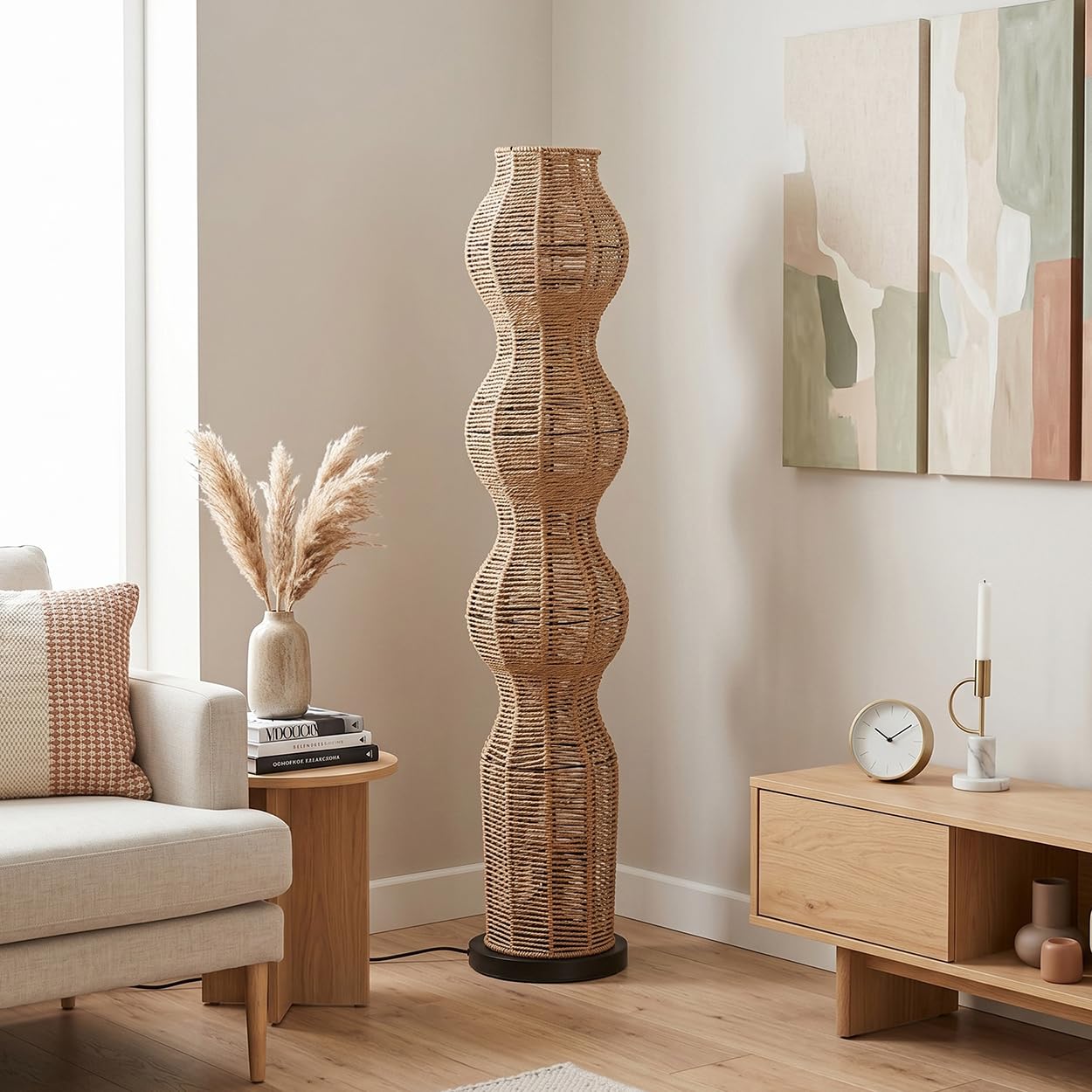 Lámpara de pie HOFSTEIN Cardeira, de diseño escandinavo, estilo boho con pantalla de ratán natural y efecto luminoso, E27, altura 111 cm, interruptor de pie - salón, dormitorio, comedor, pasillo
