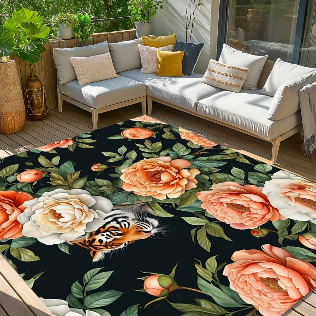 Multicolor Vibrant Visual Flowers Pattern Outdoor Area Rug for Patio Porch Deck Balcony Waterproof Durable No Slip Machine Washable Carpet in Garden Front Yard Camping Modern Romantic Cute Rugs 6x8