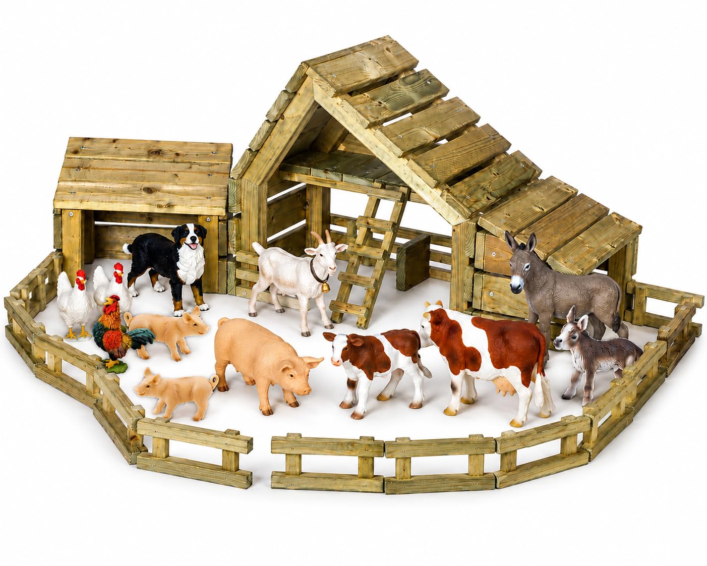 FunLab Fattoria in Legno FSC da Esterno con 12 Animali Dipinti a Mano | Set Fattoria Completo | Giochi Montessori, Fattoria Giocattolo con Recinti e Stalle, 3+ Anni