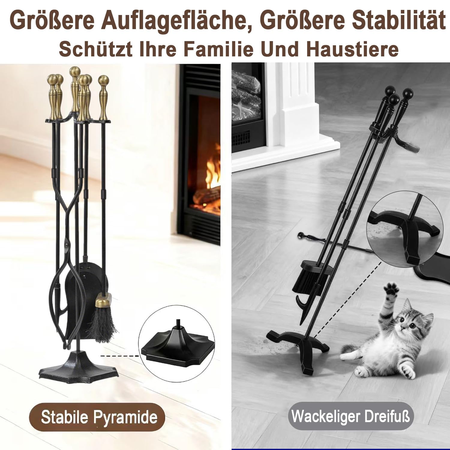 Amagabeli Kaminbesteck mit Messinggriffen, Schmiedeeisen und Halter, 67,3 cm, für drinnen und draußen, Feuerstelle, Ständer, Zange, Schaufel, Bürste, Schornstein, Schürhaken, Holzofen, Kaminzubehör