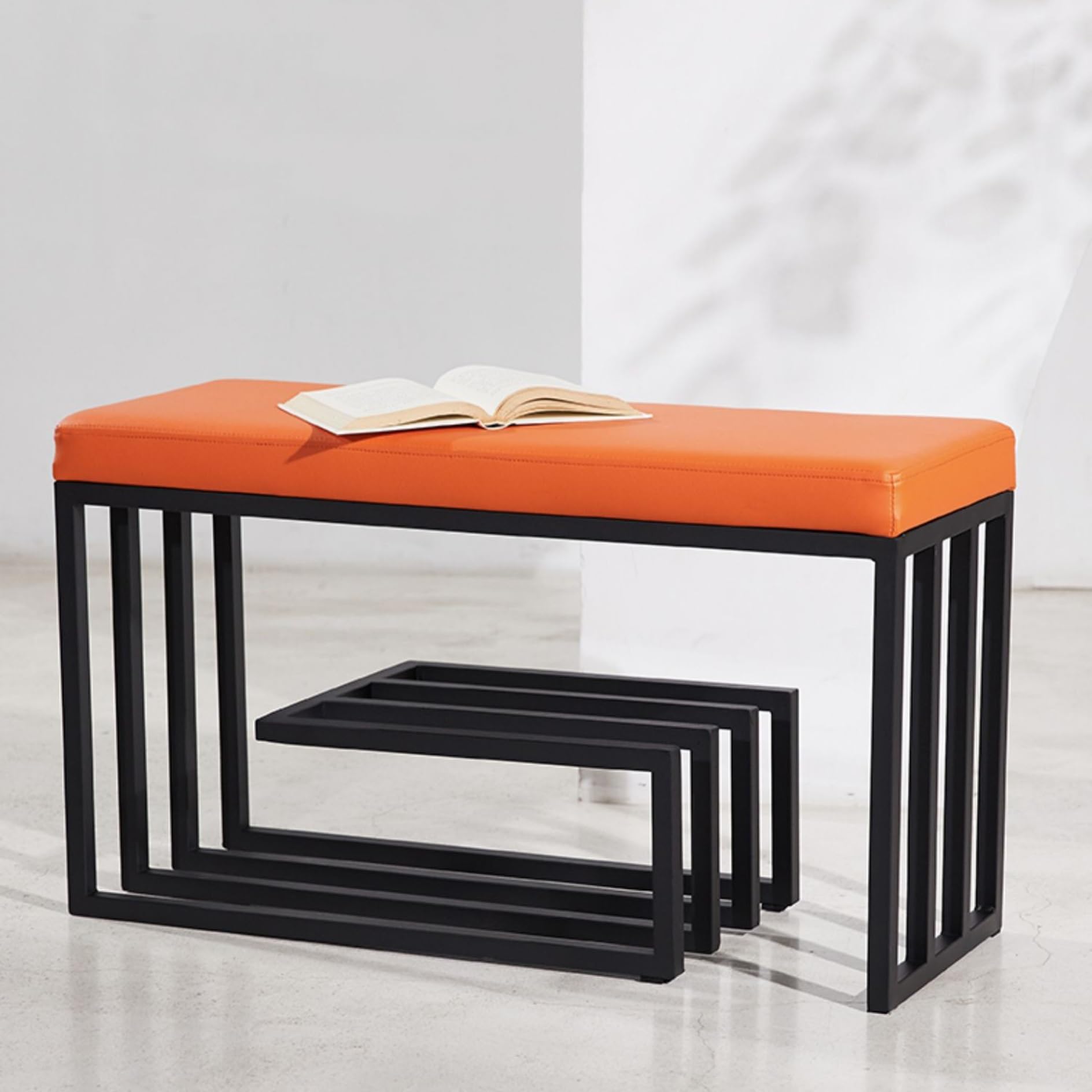 Banc rangement chaussures métal orange robuste assise 150 kg