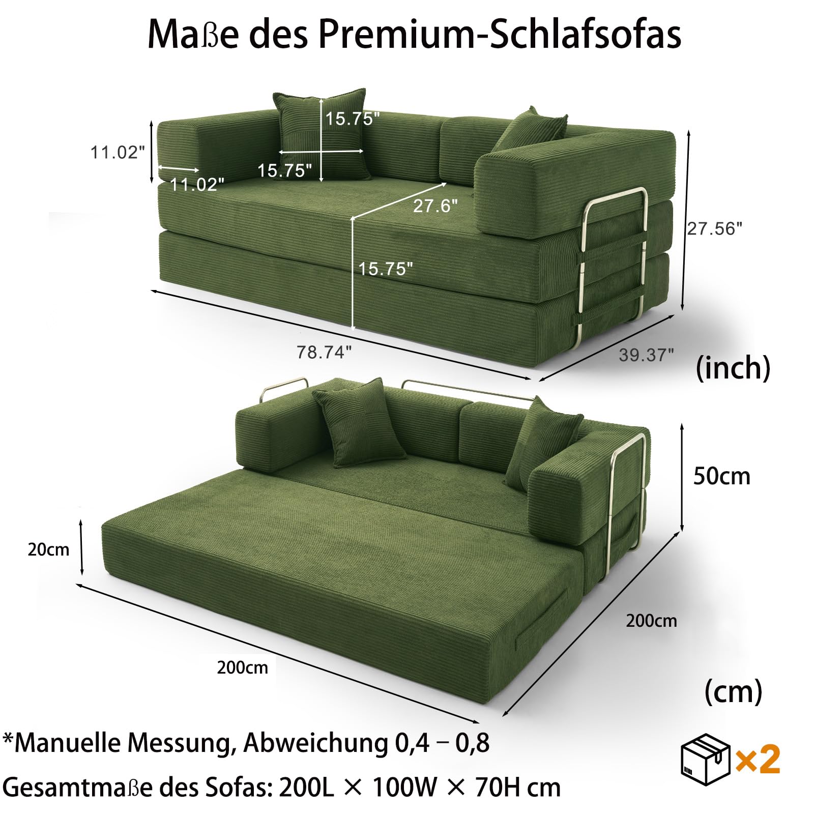 Vipbear 200cm Hochwertiges Sofa, aus Langlebig Cord mit Hochdichter Schaumstoff, 5-in-1 Umwandelbares Vielseitig ohne Knochen 3-Sitzer Sofa mit Schlaffunktion für Schlafzimmer, Grün | Umwandelbar
