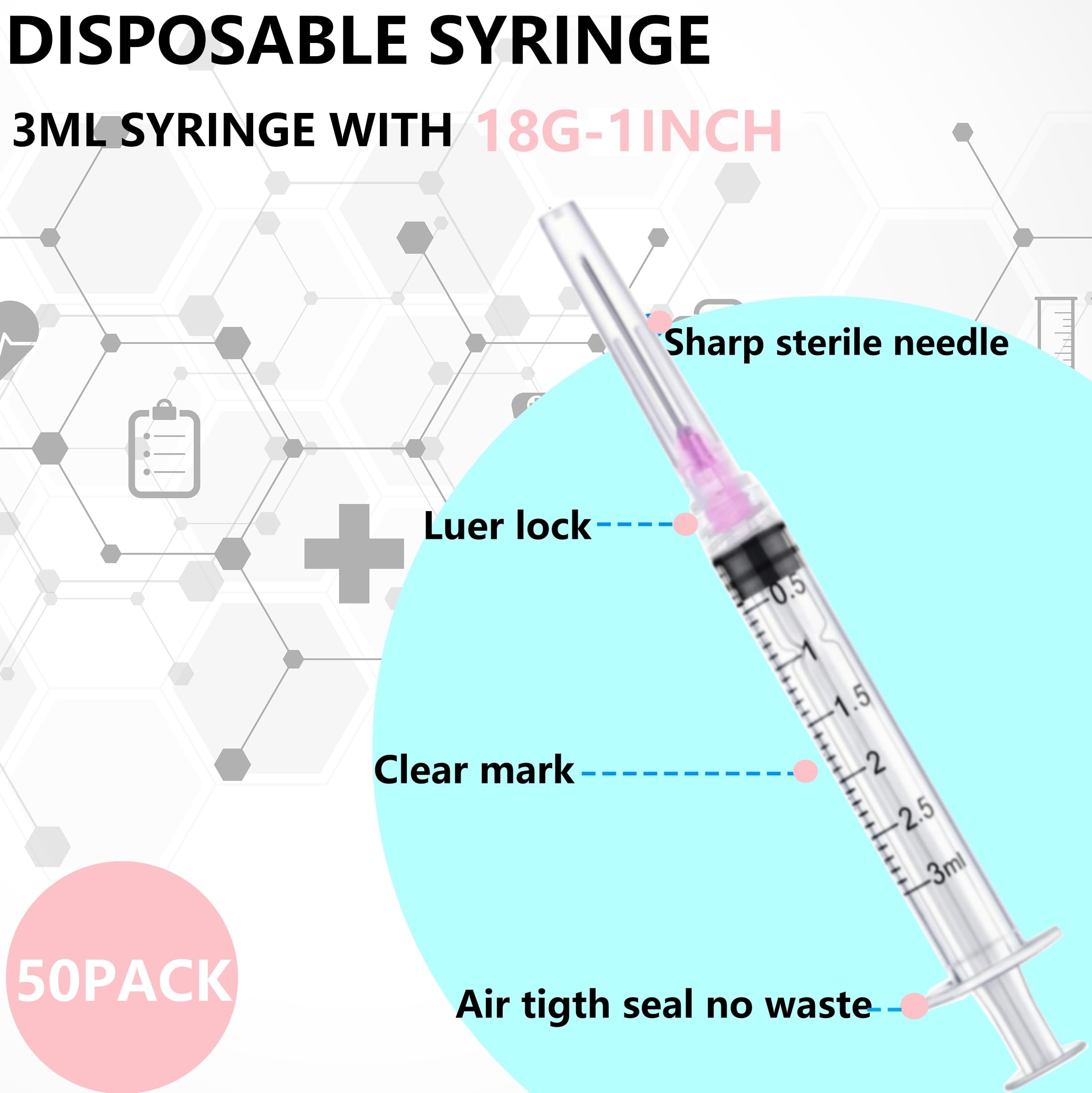 Lab Syringes & Needles - 50 Pack 18G -3 Lab Syringes & Needles - 50 Pack 18G -3