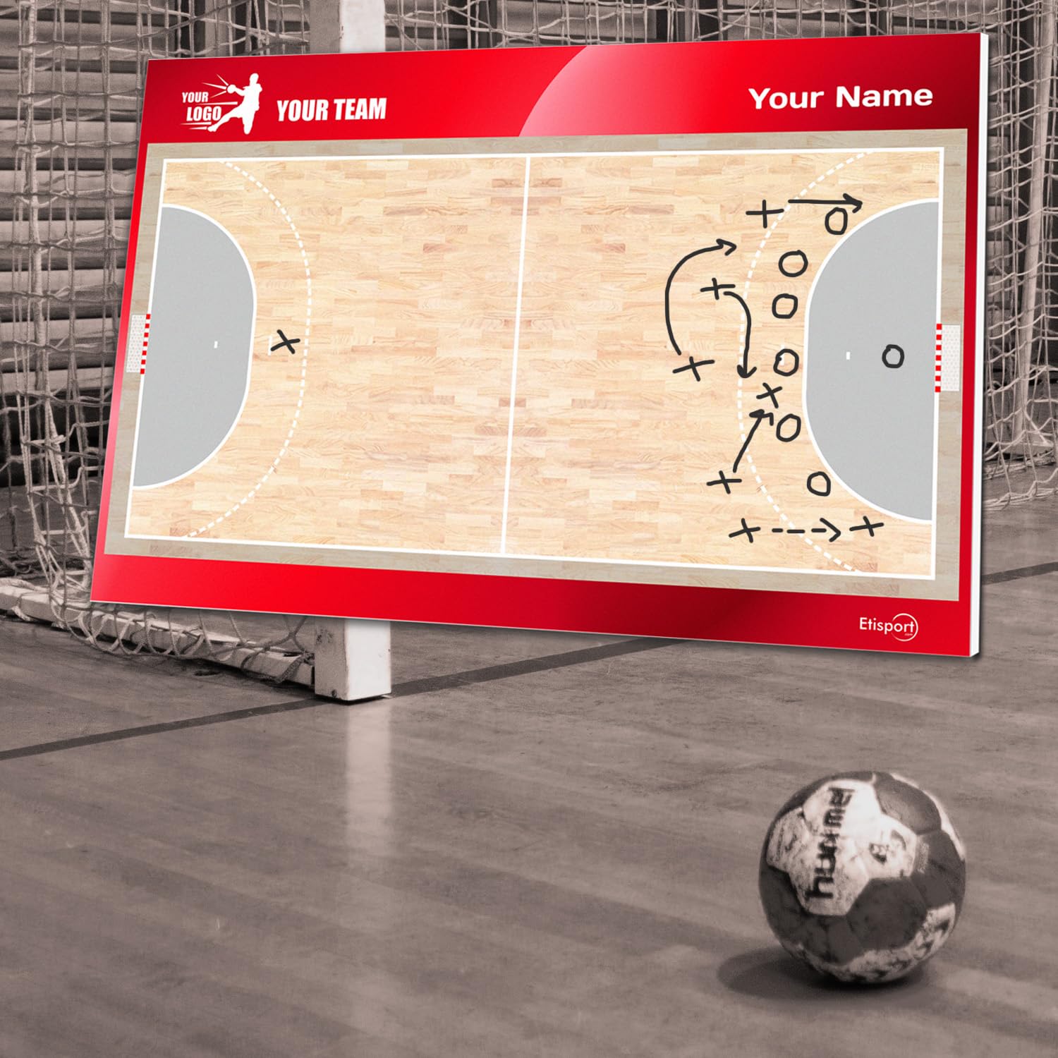 Pizarra táctica Balonmano para Entrenador Personalizada con Nombre y Escudo del Club. Tablero de borrado en seco 30,5 x 20,5cm