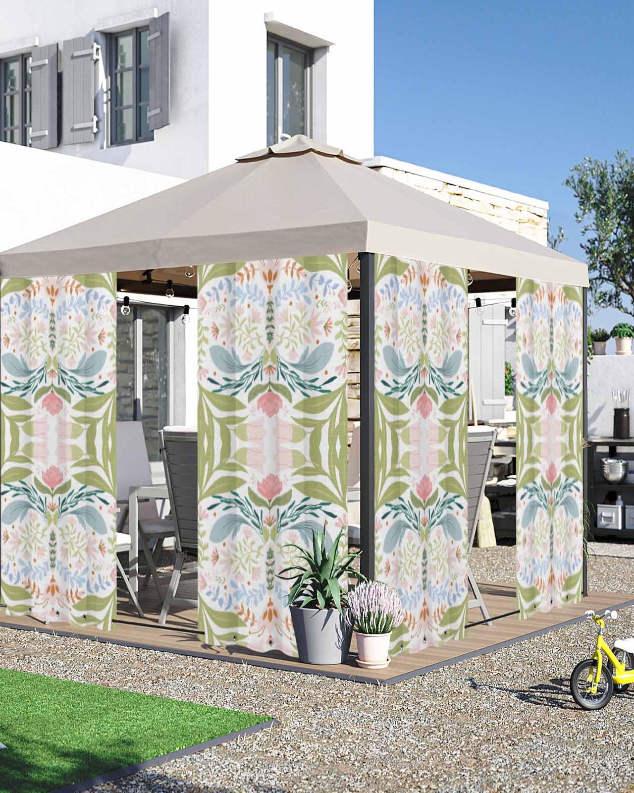 Sabolny Boho Green Flower Outdoor Curtains for Patio Waterproof,Botanical Watercolor Leaf Floral Patio Porch Outside Grommet Curtains for Cabana Pergola Privacy & Blocking Sunlight,2 Panel 54