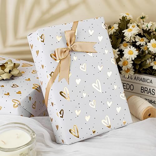 Miniatura 2 de Homeral Rollo de Papel de Regalo Kraft con Corazones - Diseño de Lámina Dorada en Relieve 3D, Envoltura de Regalo de Lujo para el Día de San