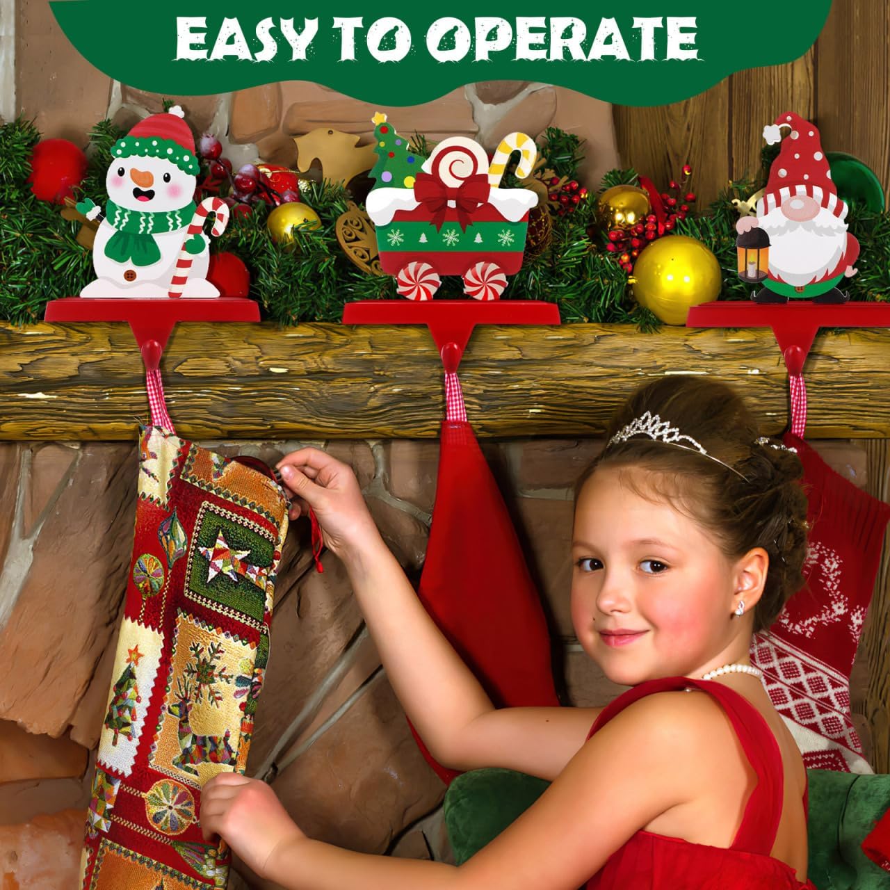 3PCS Christmas Stocking Holders for Mantel,No-Slip Heavy Duty Stocking Hooks,Fireplace Stocking Hangers with Wooden Snowman, Santa, Tree,Trucks Designs