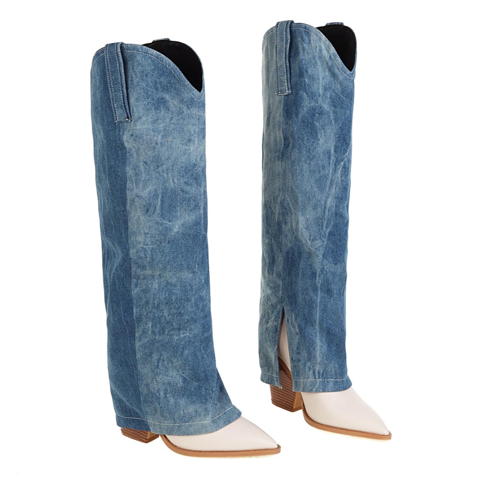 Mujer Botas Altas De Jeans Patrón Corte Aberturas Botas Largas De Montar Denim Slip-On Cowboy Tacón Alto Punta Puntiaguda Botas De Pantorrilla Ancha Elásticas Invierno