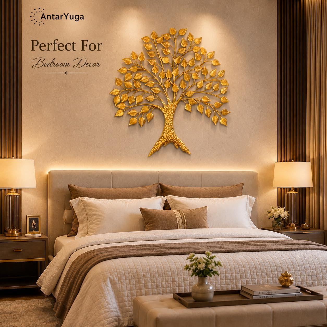 Home & Bazaar Tree of Life Metal Wall Art, Handcrafted Gold Iron Peepal Tree Wall Hanging for Living Room, Bedroom, Office & Entryway, Decorative Wall Decor, 30 x 2 x 27 Inch (76.2 x 5 x 68.6 Cm) 4