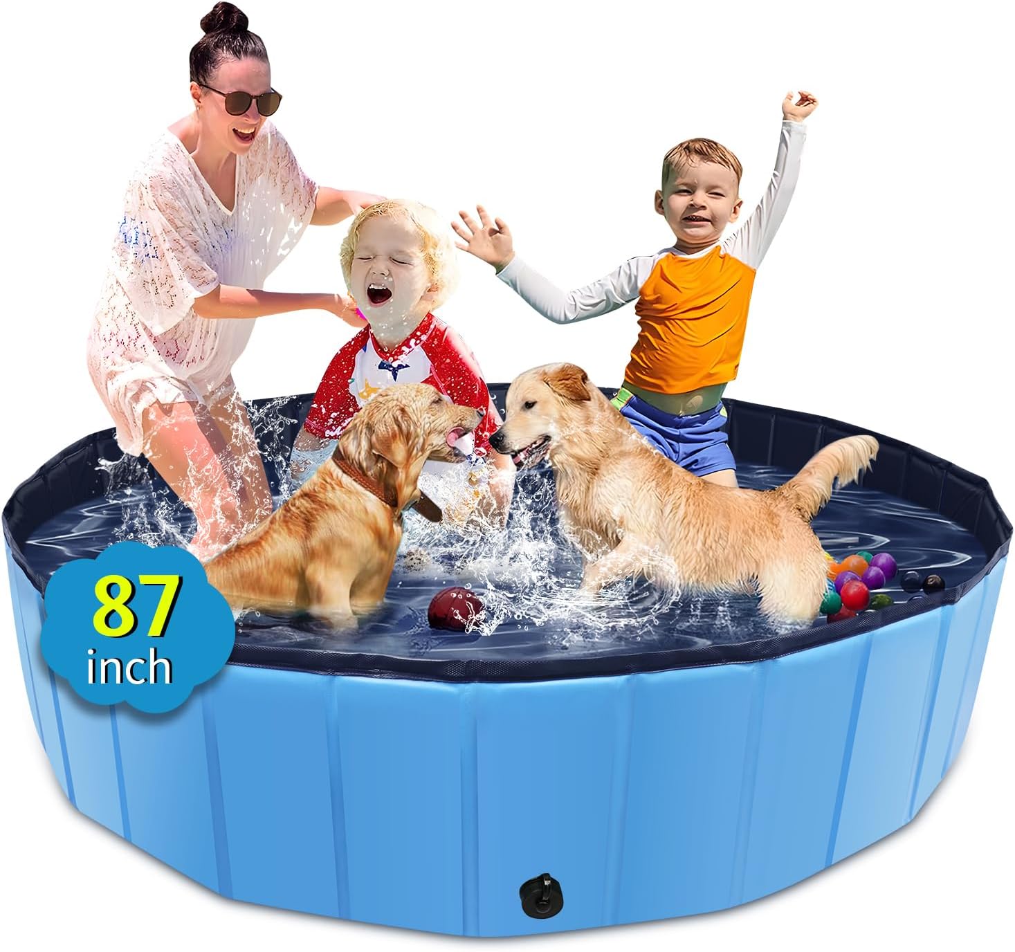 Foldable Dog Pool, 87" x 14" Large Kiddie Pool with Hard Plastic, Non-Slip Dog Bath Tub for Outdoor Backyard, Collapsible Dog Swimming Pool for Kids Dogs Pets (Blue)