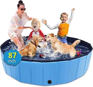 CACSPS Foldable Dog Pool, 87" x 14" Large Kiddie Pool with Hard Plastic, Non-Slip Dog Bath Tub for Outdoor Backyard, Collapsible Dog Swimming Pool for Kids Dogs Pets Blue