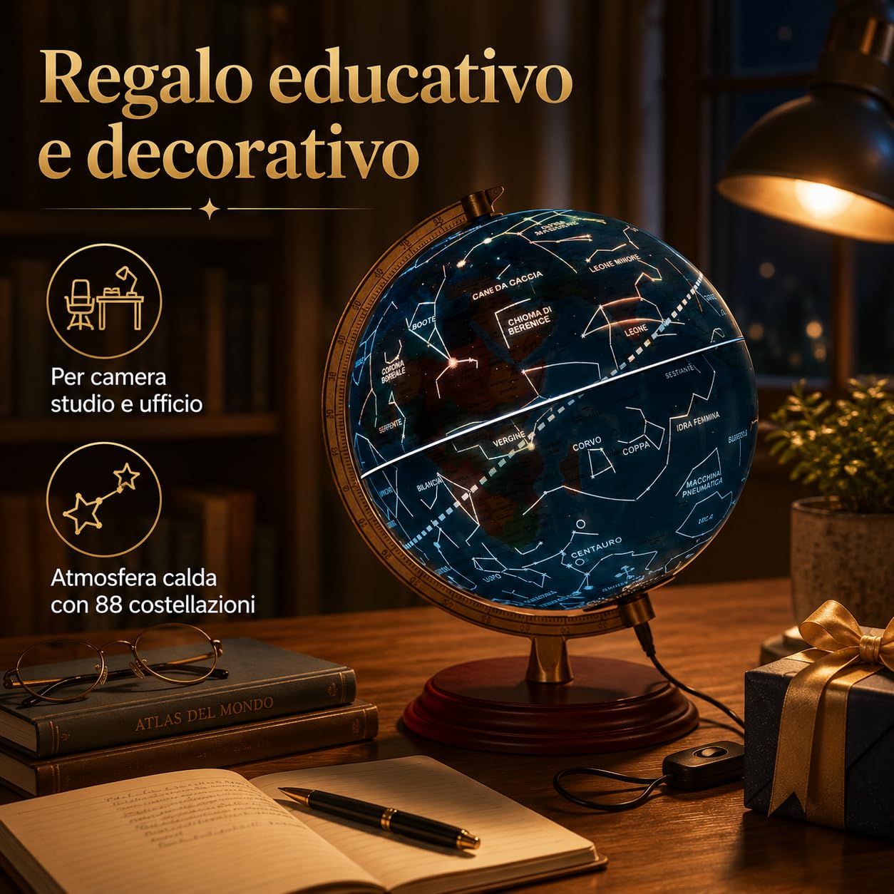 Exerz Mappamondo Illuminato 20 cm con Mappa Italiana e Costellazioni | Base in legno effetto palissandro arco metallico dorato luce LED USB per camera studio scuola regalo