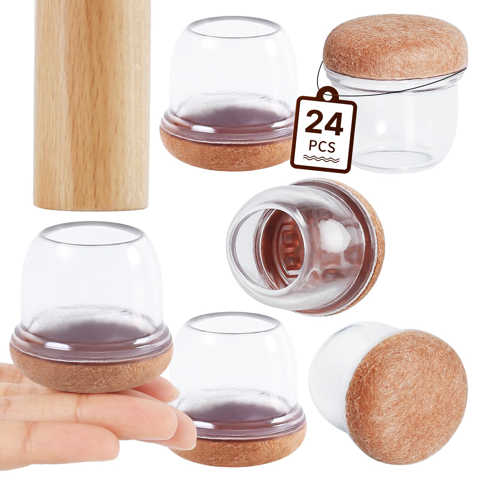 RCHYFEED 24 Protectores de Piso de Silla Mejorados de 0.7-1.25 Pulgadas,Tapas Transparentes Copas para Patas de Muebles con Almohadillas de Fieltro para Proteger Suelos de Madera Dura de Arañazos