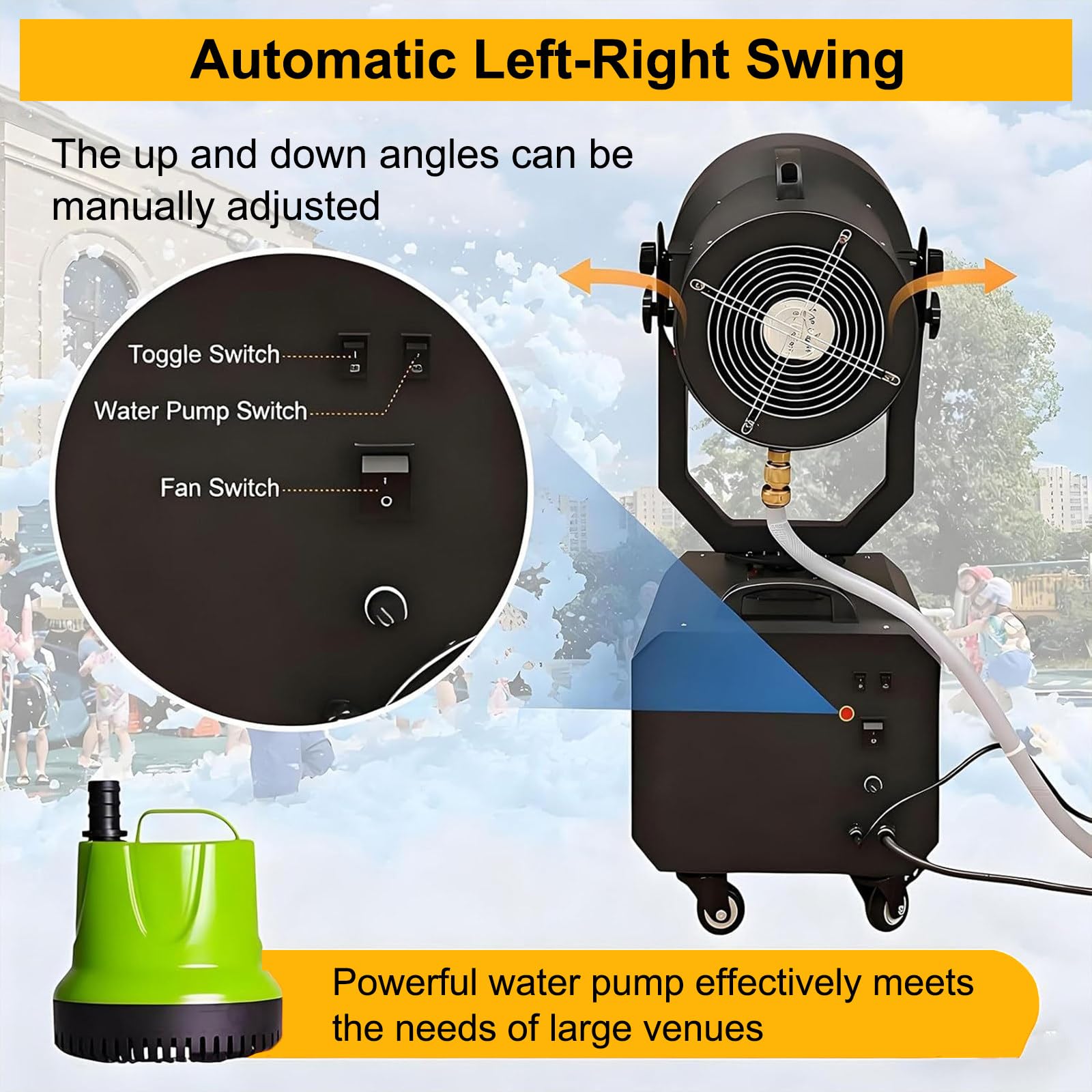 máquina de Espuma Giratoria Automática para Exteriores de 2000W con 2 Bolsas de Polvo para Espuma, Cañón de Espuma Oscilante para Fiestas en La Piscina, Bodas y Eventos en Clube with LED