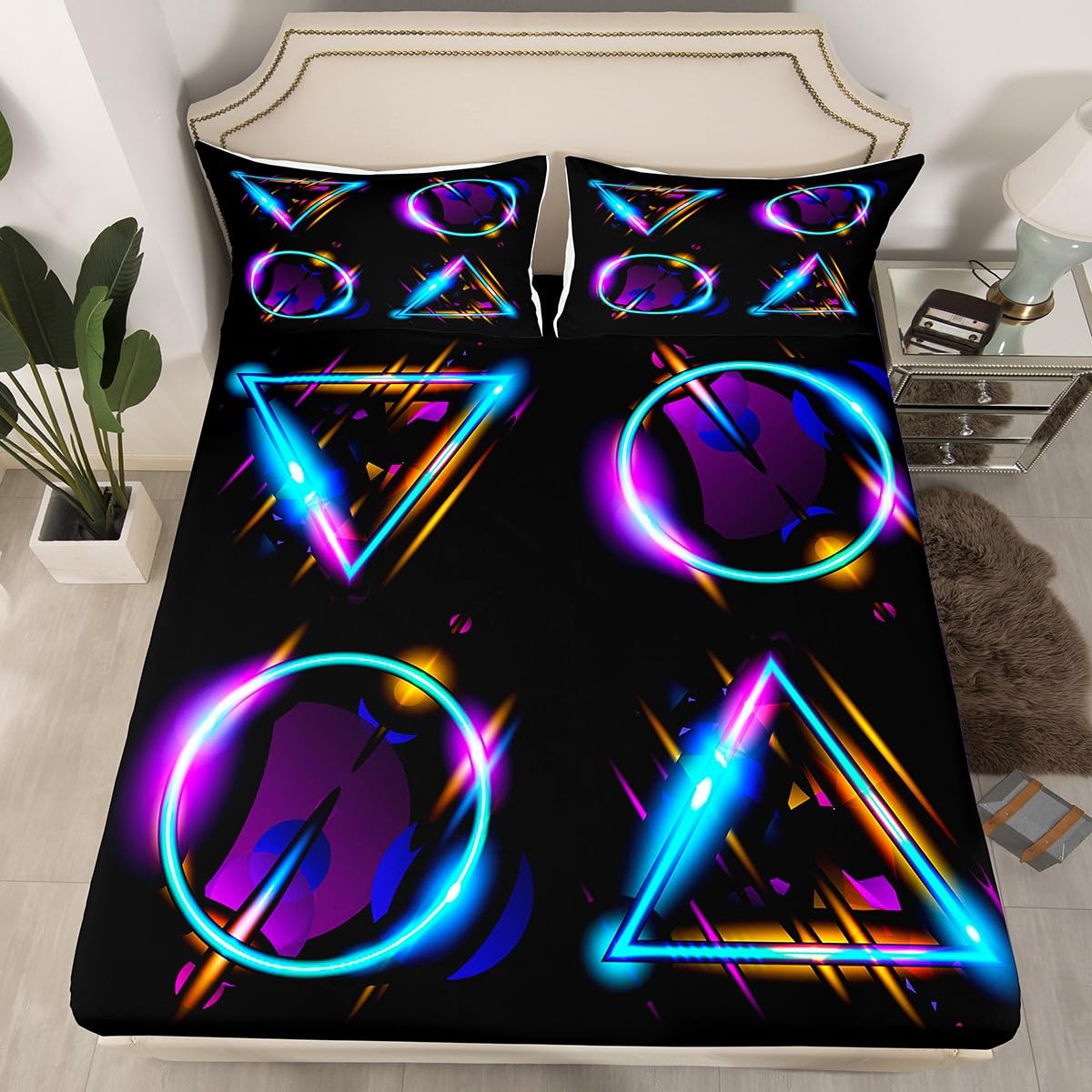 Gaming Fitted Sheet Gamer Video Game Gamer Gamepad Neon light Fitted Sheet for Boys Girls Child Game Controller Double Size