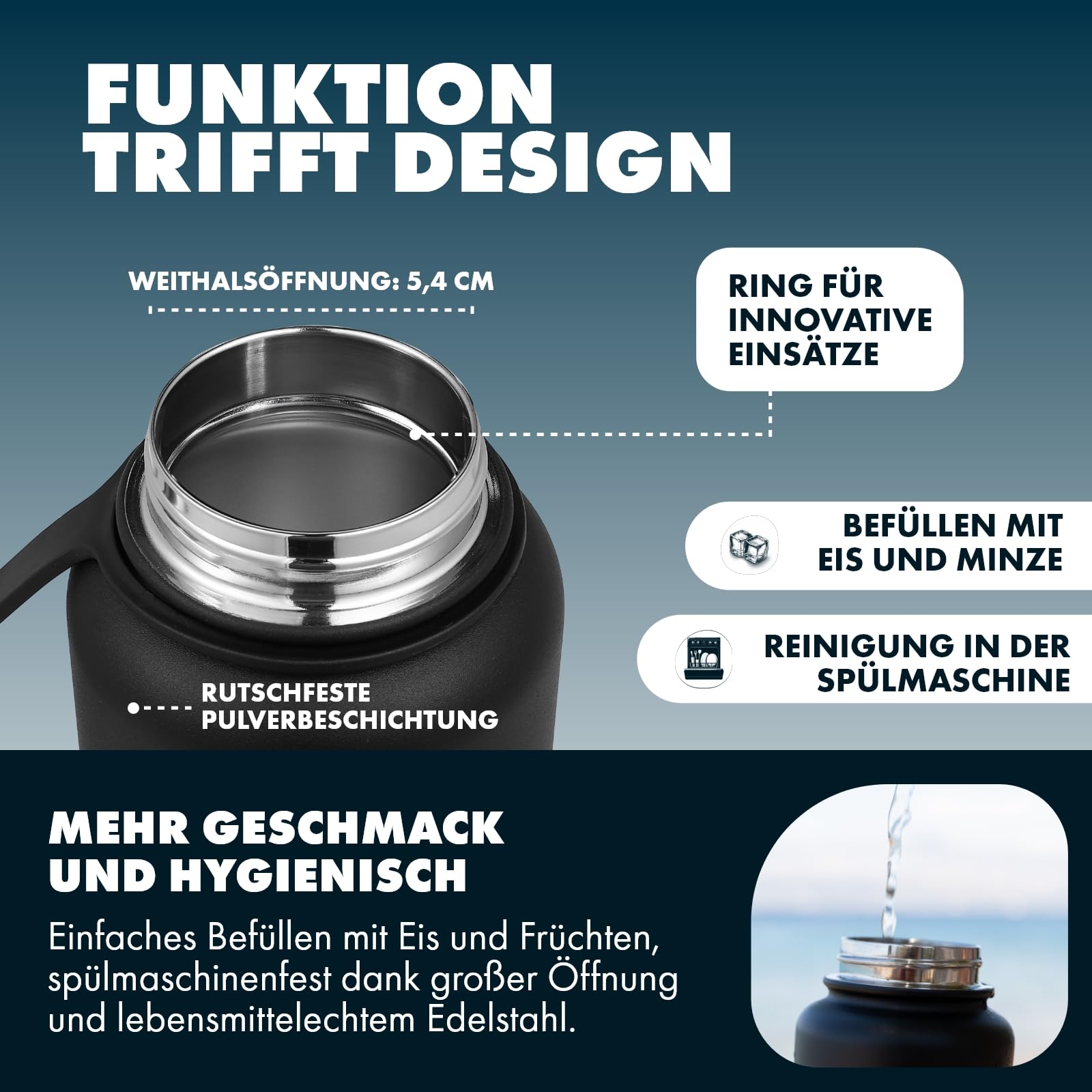 Edelstahl Trinkflasche mit Strohhalm 1L, BPA-frei, Thermo Trinkflasche mit Trinkhalm für Kinder & Erwachsene - Robuste Isolierflasche für Schule, Büro, Outdoor (Strohhalm Bundle, Schwarz)