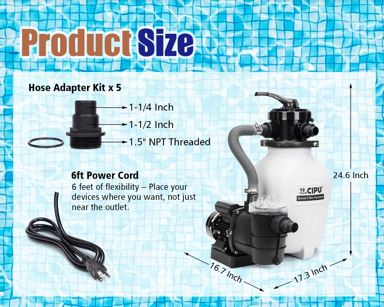 CIPU SFPS12501 Système de pompe à sable de 30,5 cm avec valve à 4 voies pour piscines hors sol avec préfiltre Pompe de piscine 115 V Cordon de 1,8 m pour installation facile