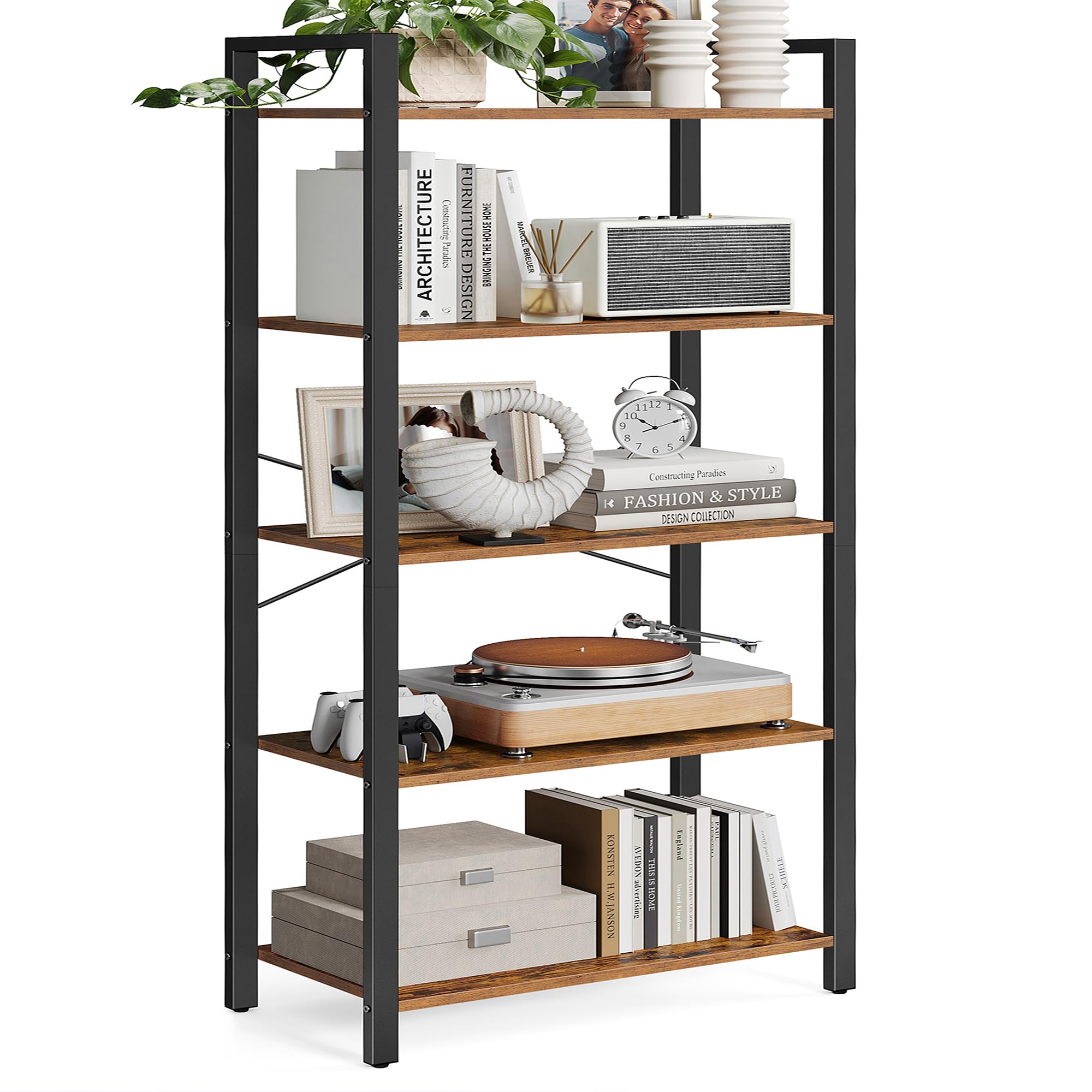 VASAGLE ALINRU Bookshelf, 5-Tier Storage Rack with Steel Frame, for Living Room, Office, Study, Hallway, Industrial Style, Rustic Brown and Black ULLS061B01