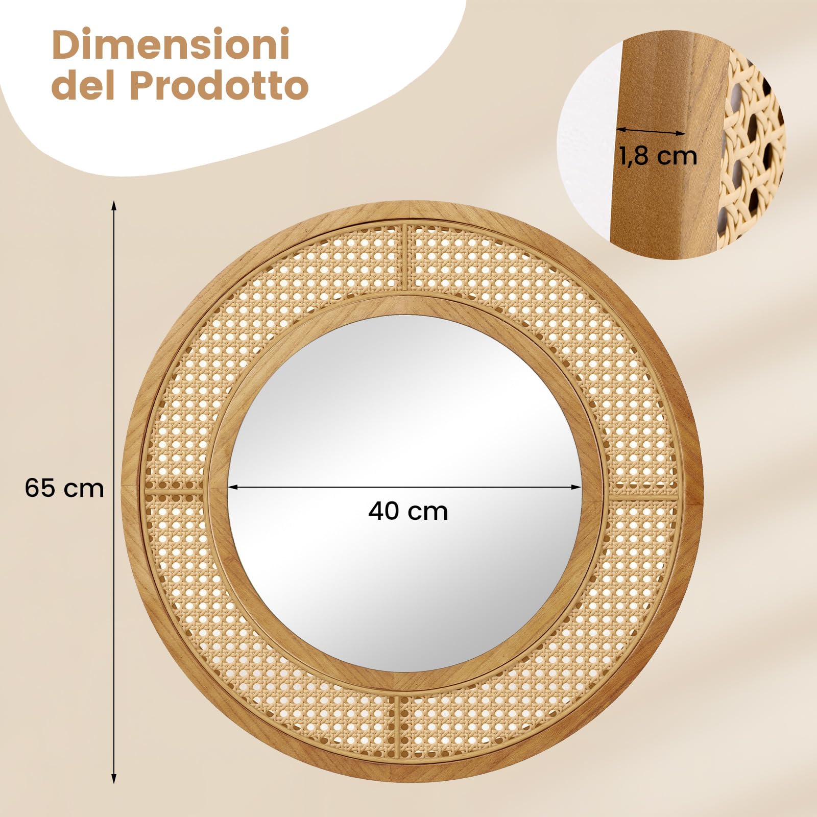 COSTWAY Specchio da Parete Rotondo 40 cm con Cornice in Rattan, Vetro in Alluminio e Gancio Metallico - Decorativo per Soggiorno Camera da Letto Ingresso