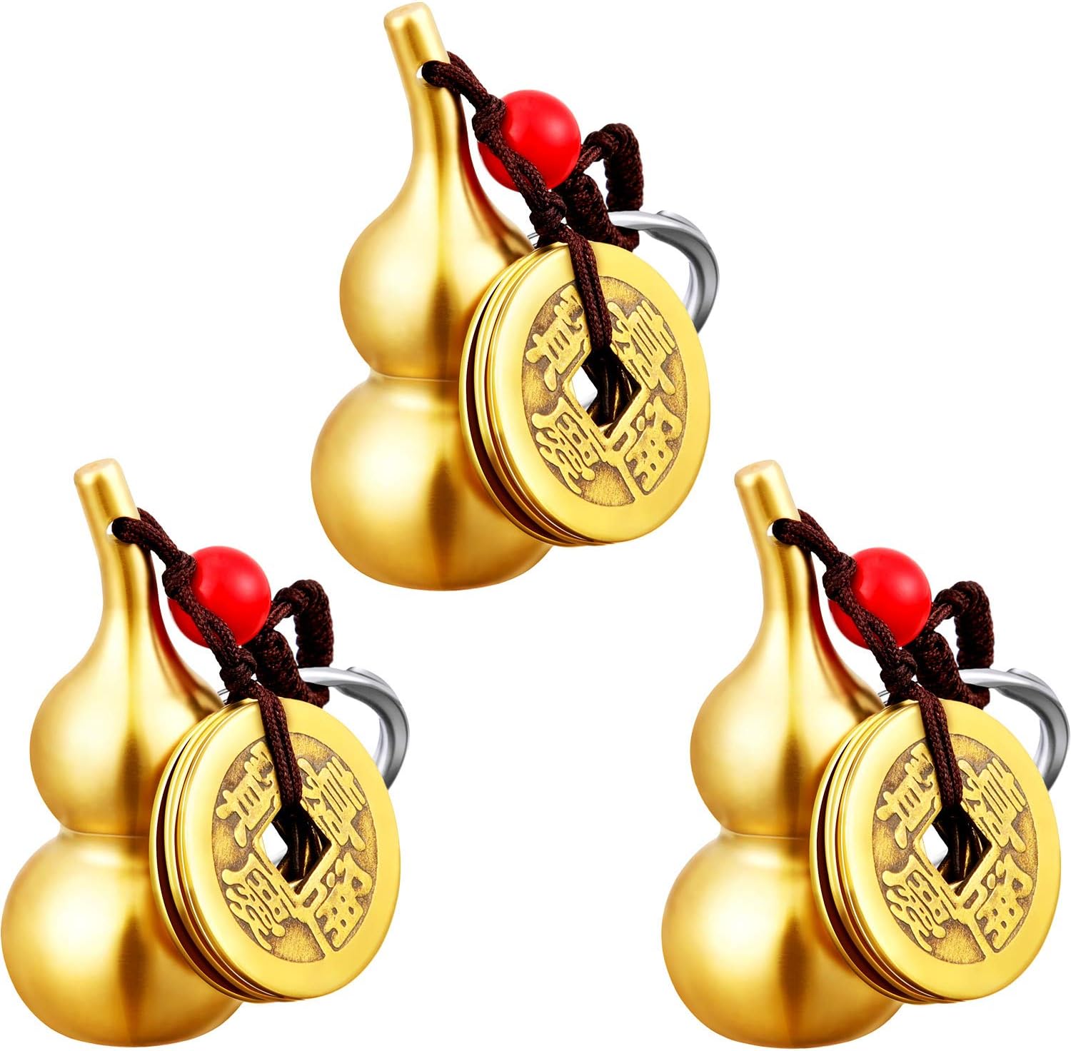 3 Pcs Chinese Gourd Feng Shui Brass Wu Lou Keychains with five Coins Calabash Pendant Key Rings for Good Luck Fortune Longevity Wealth Success to Friends Families Lovers