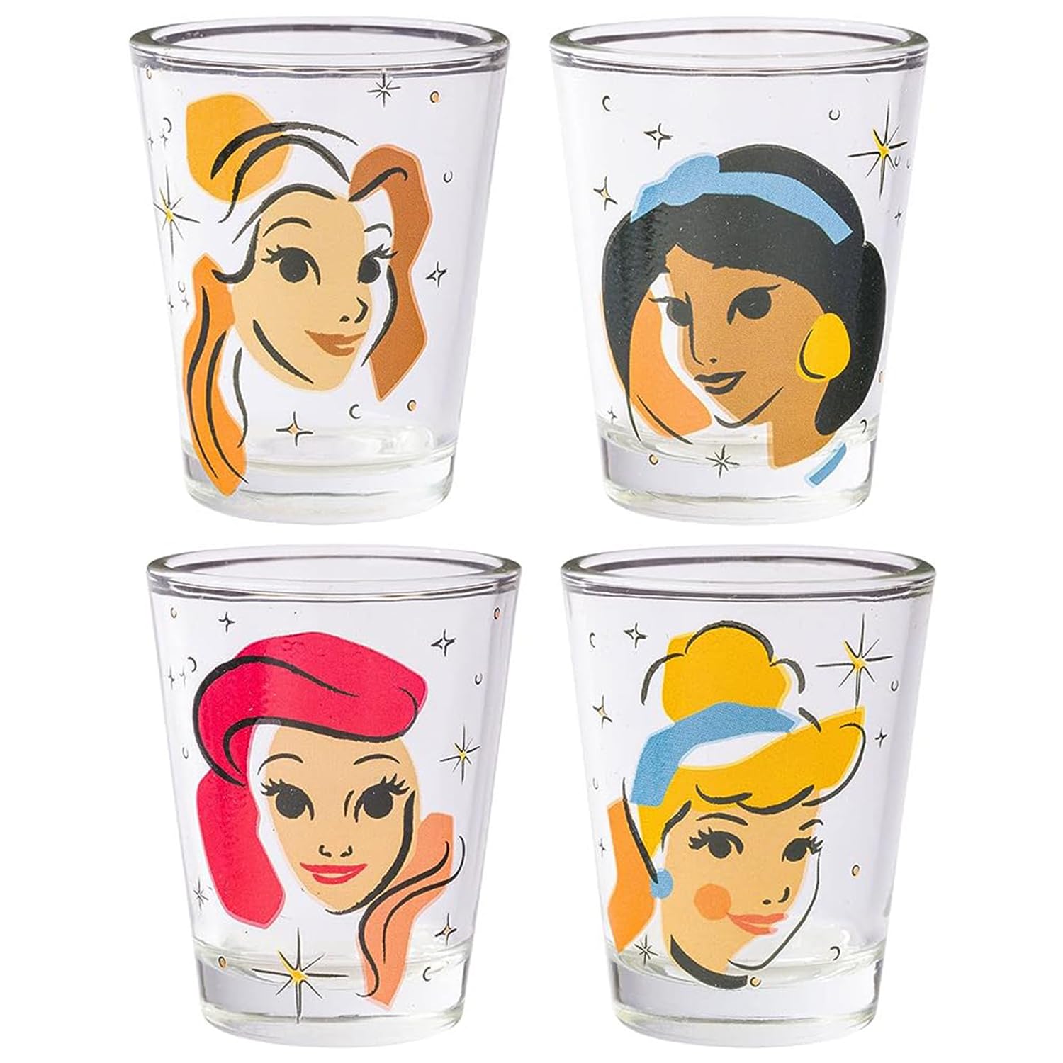 Silver Buffalo Disney Princess Abstract Faces Sparkle 4-Pack Mini Glass Set, 1.5 Ounces